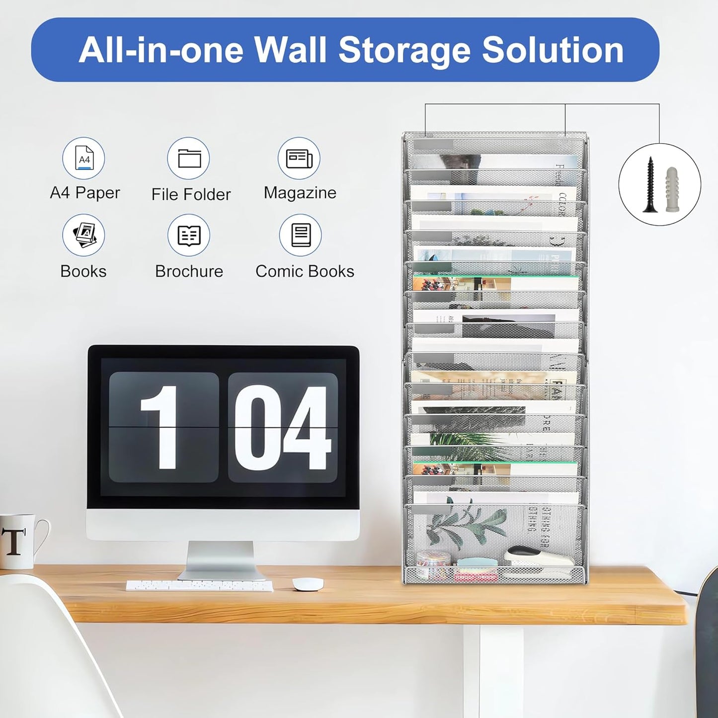 EasyPAG 14 Tier Wall File Holder with Flat Tray, Silver | Easy Assemble Mesh Desk File Organizer | 13-Folder Paper Storage | Replaceable Classify Labels | Space Saving Mail Organizer for Office Home