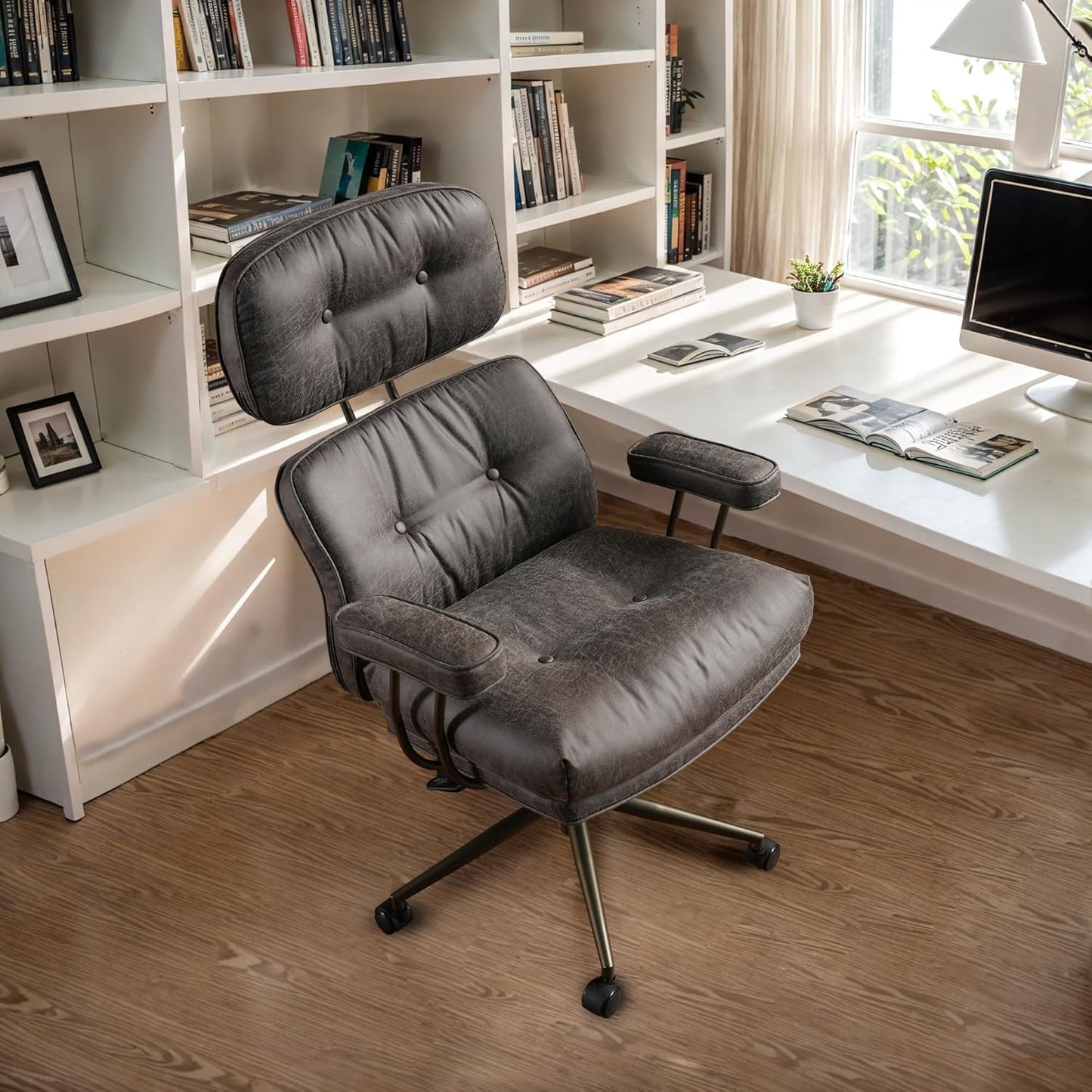 Faux Leather Executive Office Chair - Big and Tall Ergonomic Home Office Chair,Reclining Computer Desk Chairs with Lumbar Support,Adjustable Task Swivel Rolling PC with Wheels,Grey,Suede