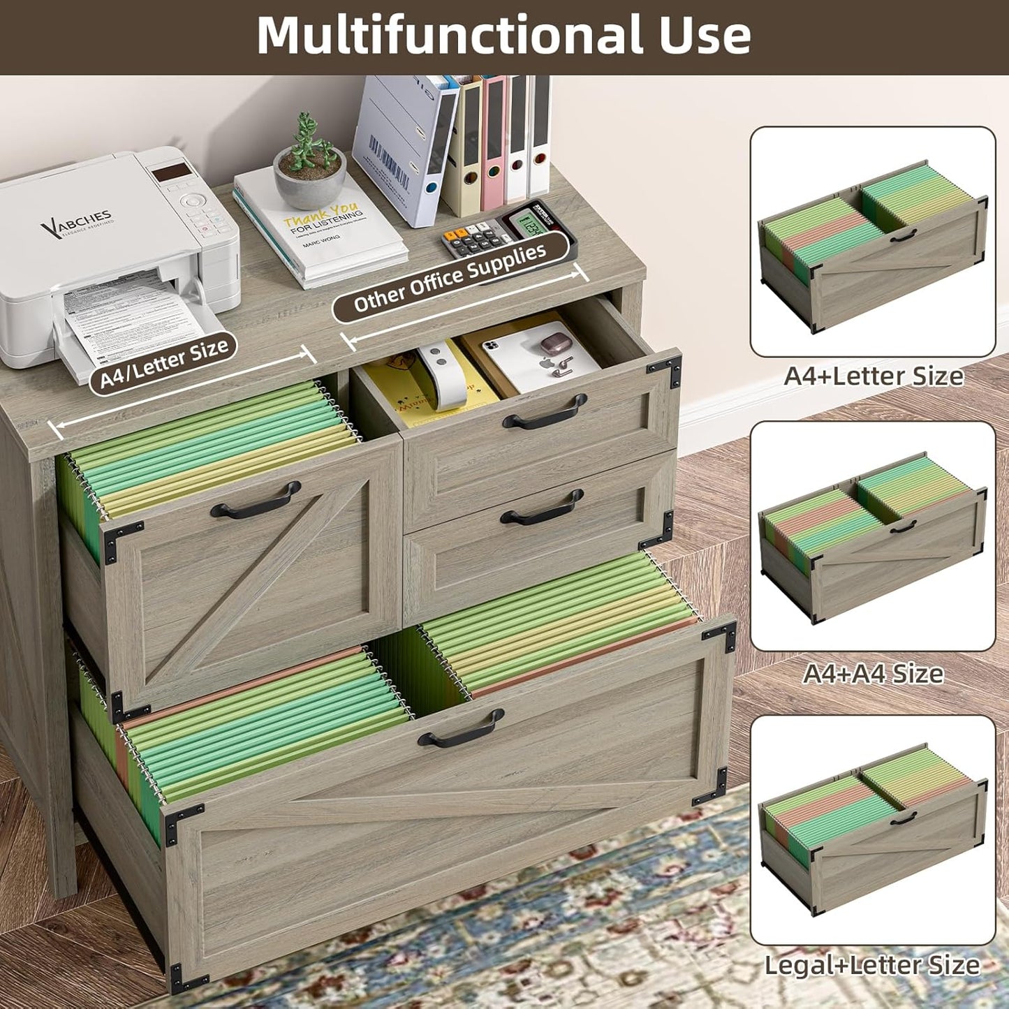 Wood Lateral File Cabinet with 4-Drawer for Hanging Files Letter/A4/Legal Size, Large Farmhouse Filing Cabinets for Home Office, Printer Stand with Office Cabinet, Office Furniture, Rustic Grey