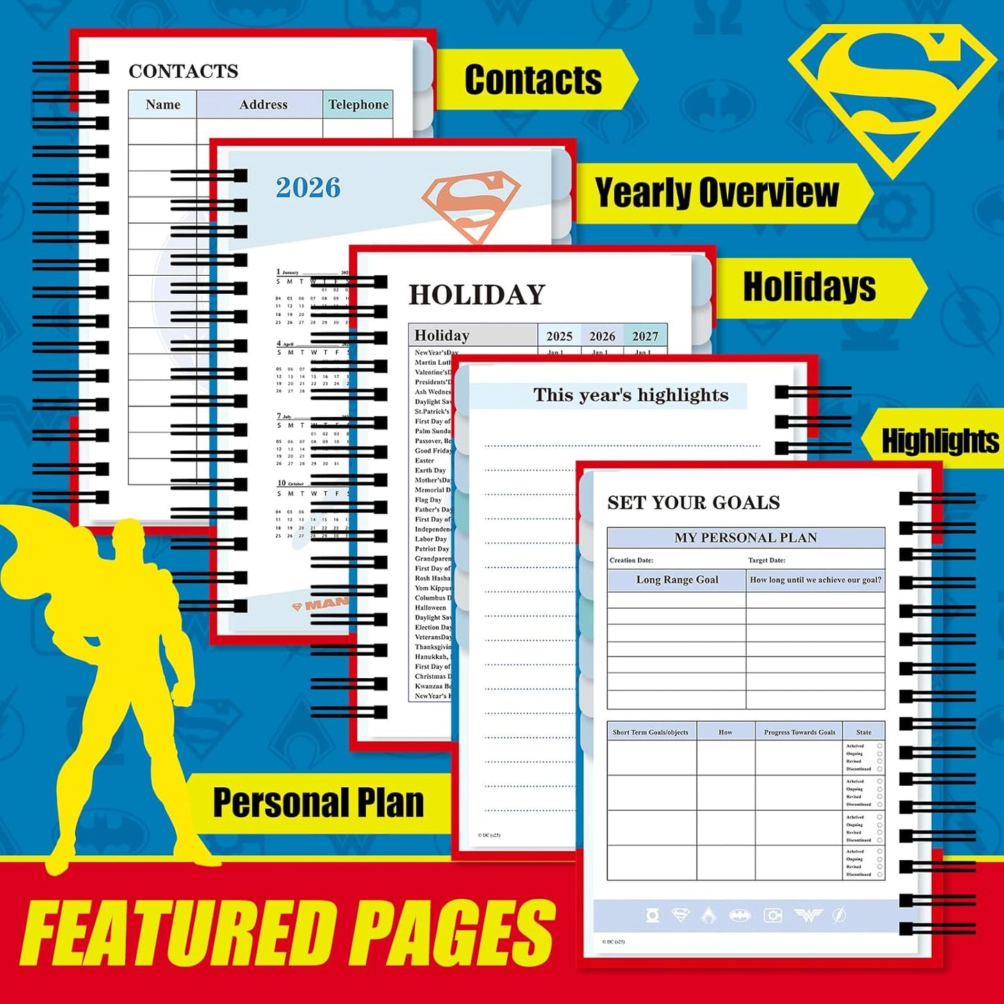 Superhero Academic Planner, Weekly Monthly Daily Agenda, Custom Date Organizer for Time Management, Spiral Bound Notebook with Colorful Tabs,Datebooks for Middle or High School Student (Blue Red)