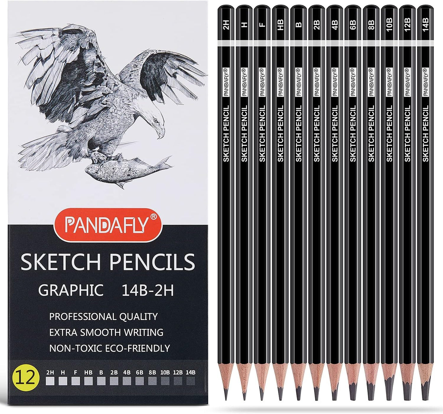 PANDAFLY Professional Drawing Sketching Pencil Set - 12 Pieces Graphite Pencils(14B - 2H), Ideal for Drawing Art, Sketching, Shading, Artist Pencils for Beginners & Pro Artists