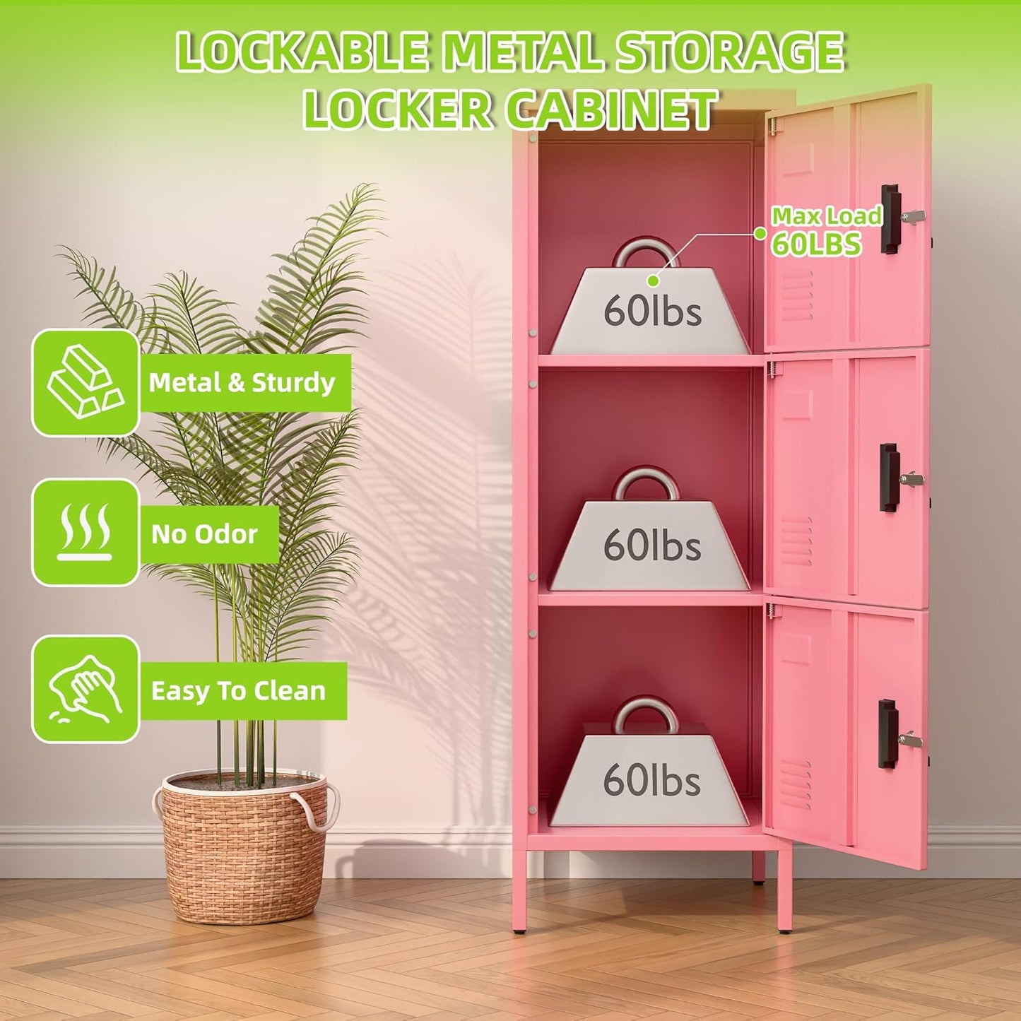 Aobabo 16" W 3 Door Metal Storage Locker with Lock, 47" H Steel Locker with Name Card Holder and Metal Leg for School, Home, Office, Playroom, Assembly Required, Pink