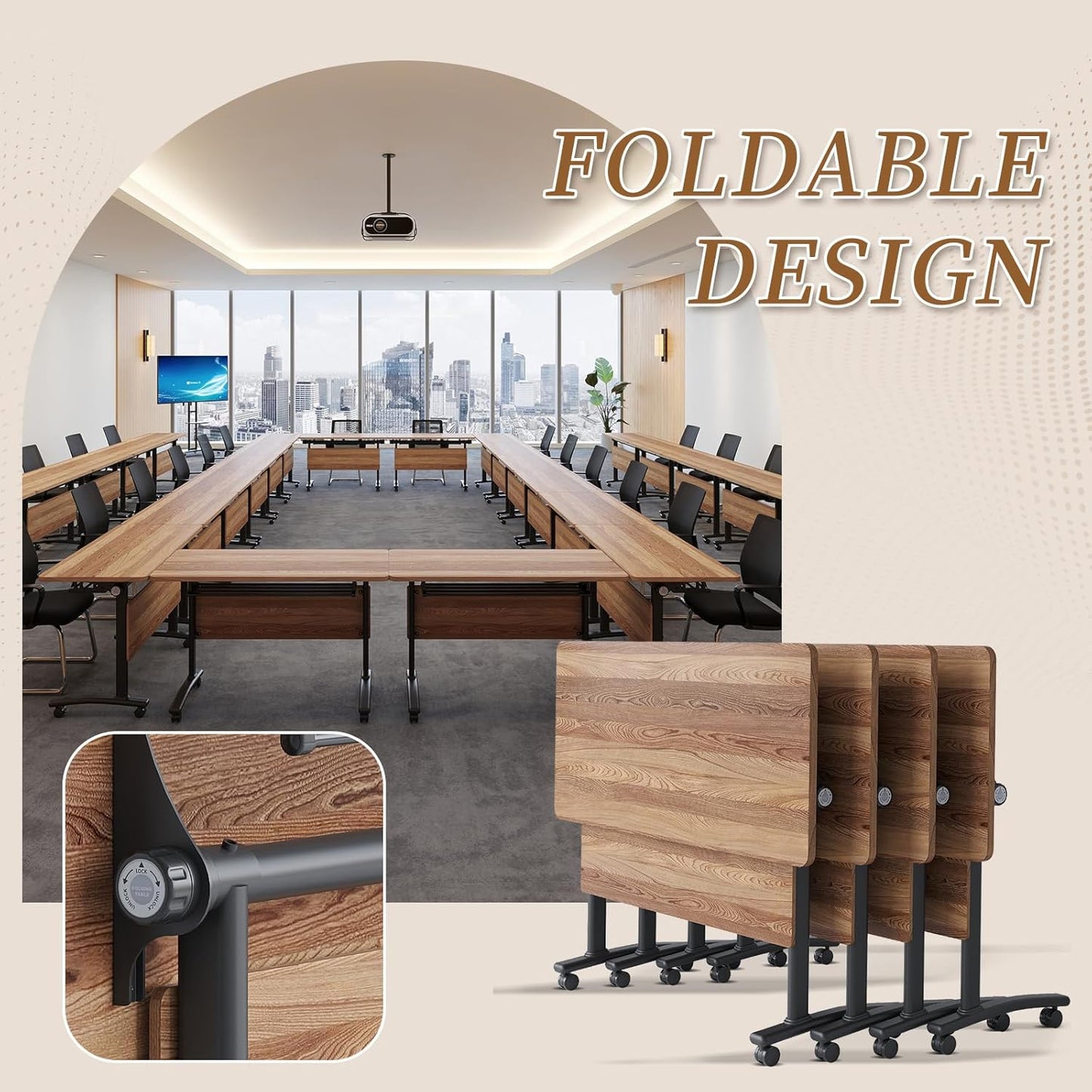 Folding Conference Room Table, Modern Conference Tables with Silent Wheels, Large Rectangular Mobile Training Tables for Office Classroom, Foldable Modular Boardroom Seminar Table (2pack L55.1in)