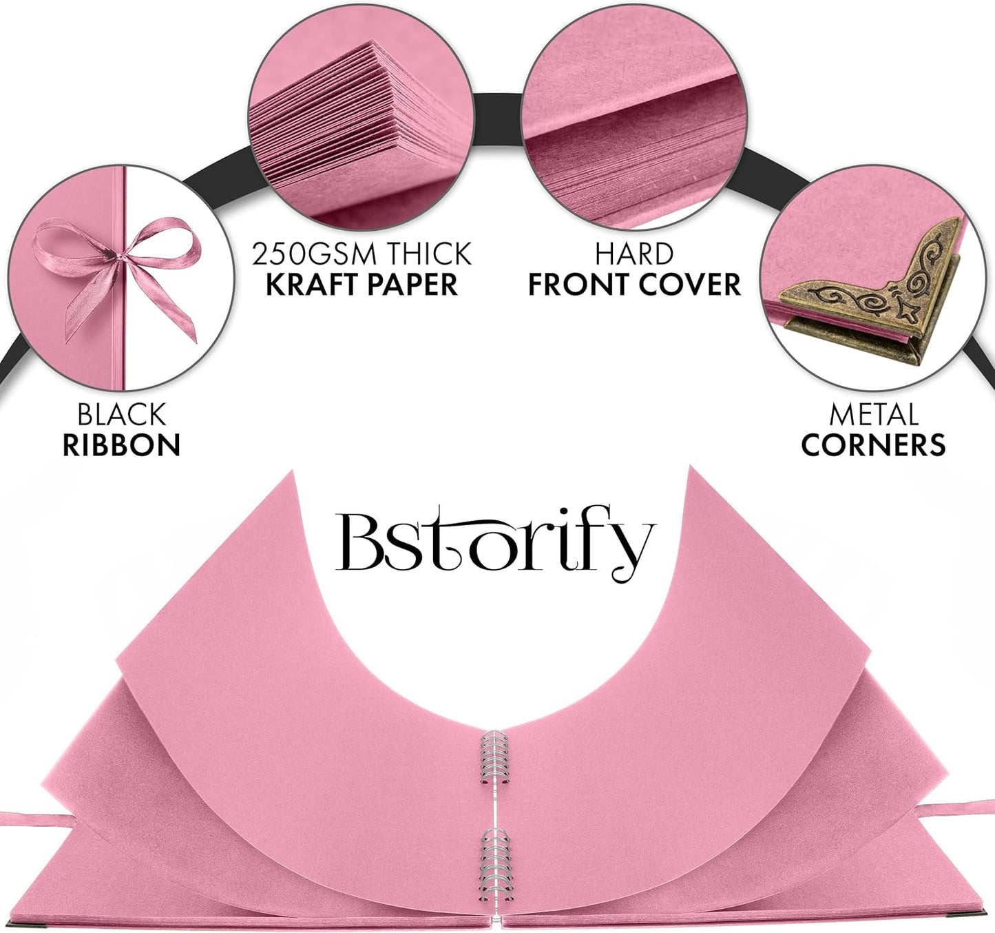 Bstorify Square Scrapbook Photo Albums 80 Pages (11 x 11 Inch) Pink Thick Paper, Hardcover, Ribbon Closure - Ideal for Your Scrapbooking Albums, Art & Craft Projects (Pink, 11 x 11 Inch)