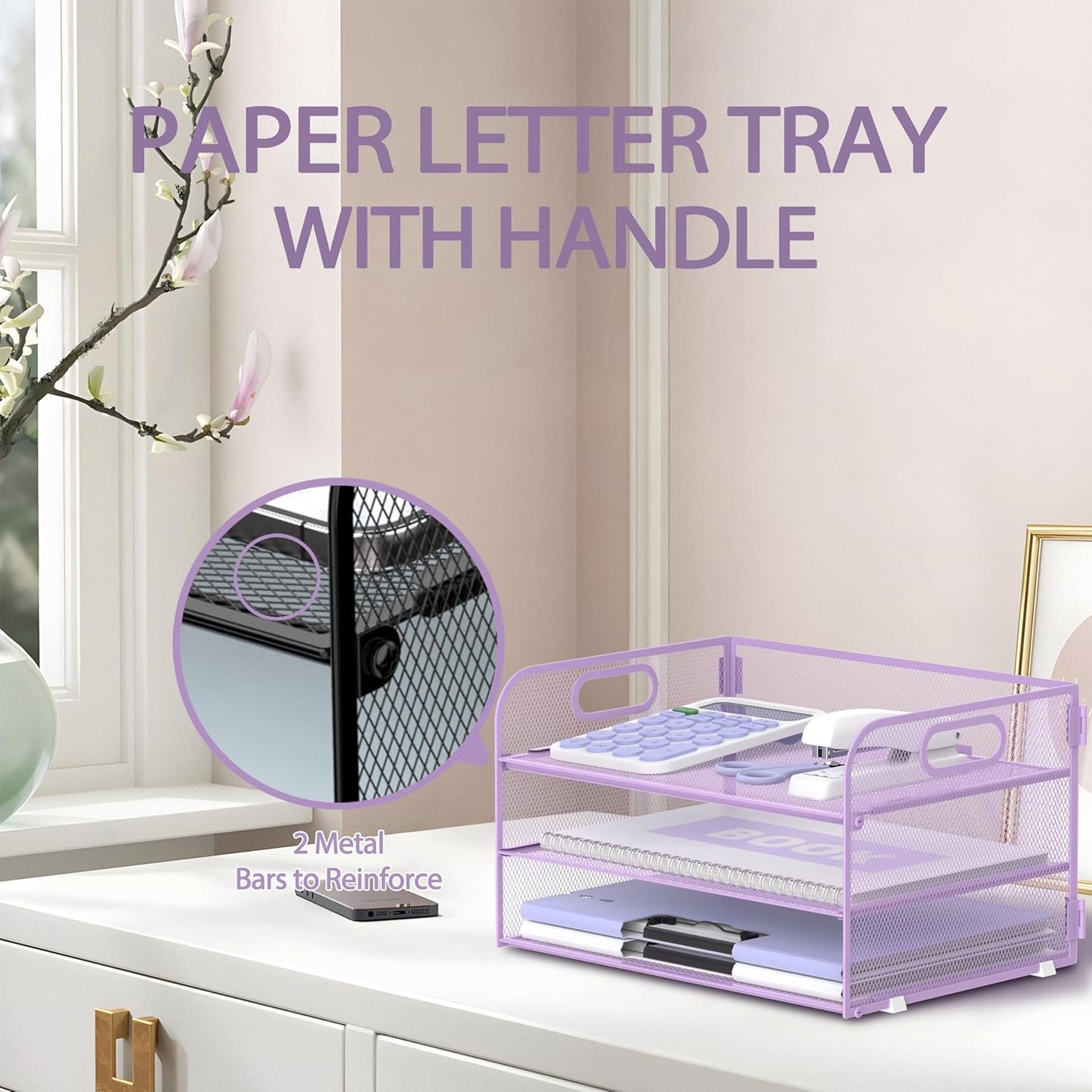 Supeasy 3 Tier Paper Organizer with Handle, Mesh Desk Organizer Letter Tray, Paper Tray File Organizer for A4 File Folder, Purple