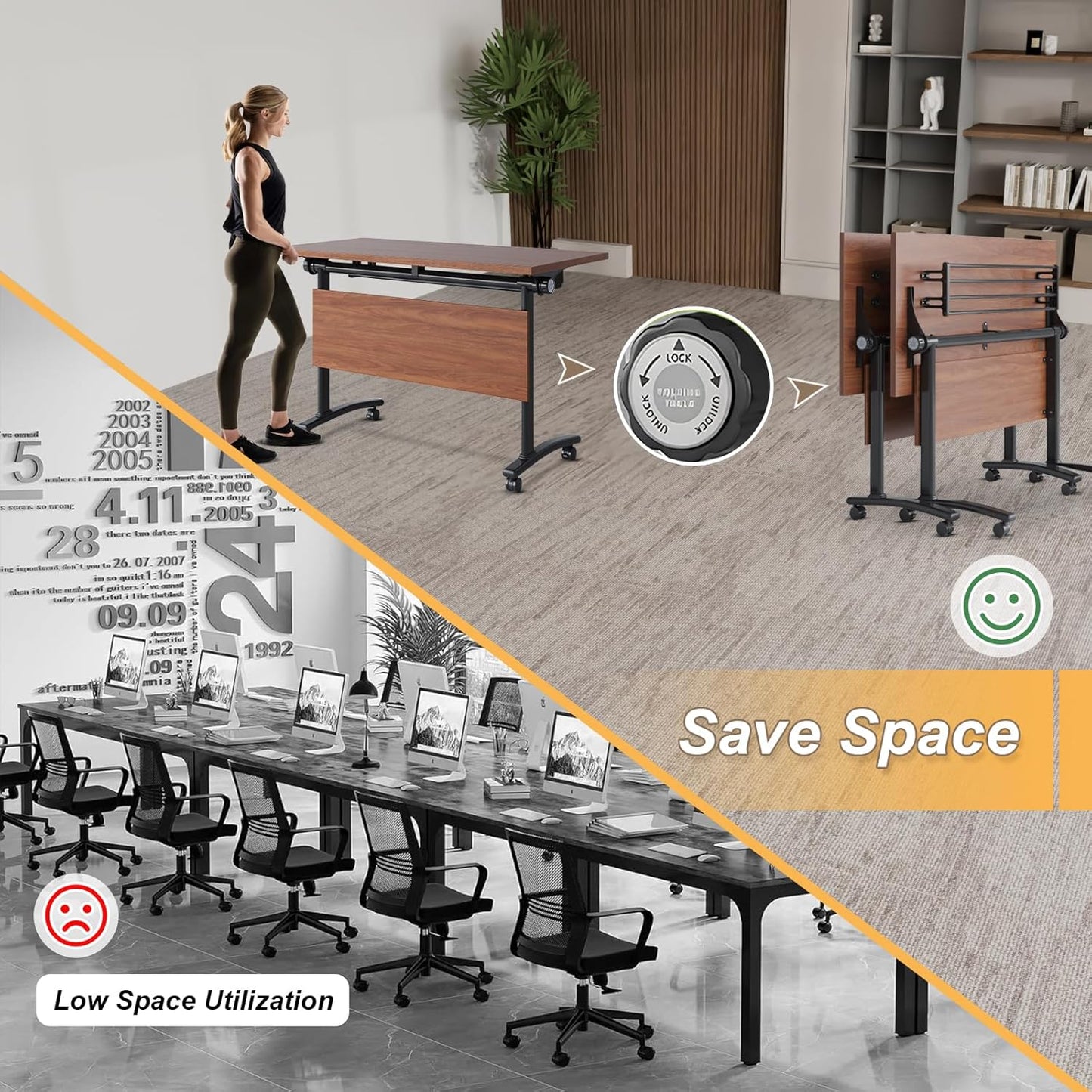 Conference Room Table with Silent Wheels, Mobile Folding Conference Table for 16 Person,Flip Top Office Training Tables with Walnuts Wood Tabletop, for School,Business Meeting Rooms (6Pack 71in)