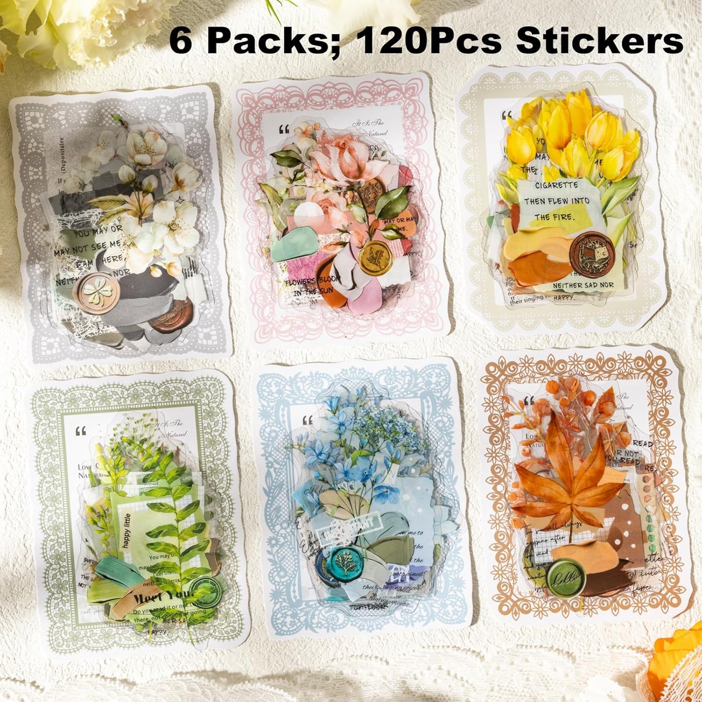 Vintage Botanical PET Sticker Set, 120PCS Floral and Leaf Ephemera Stickers for Journaling, Scrapbooking, DIY Crafts, and Art Projects