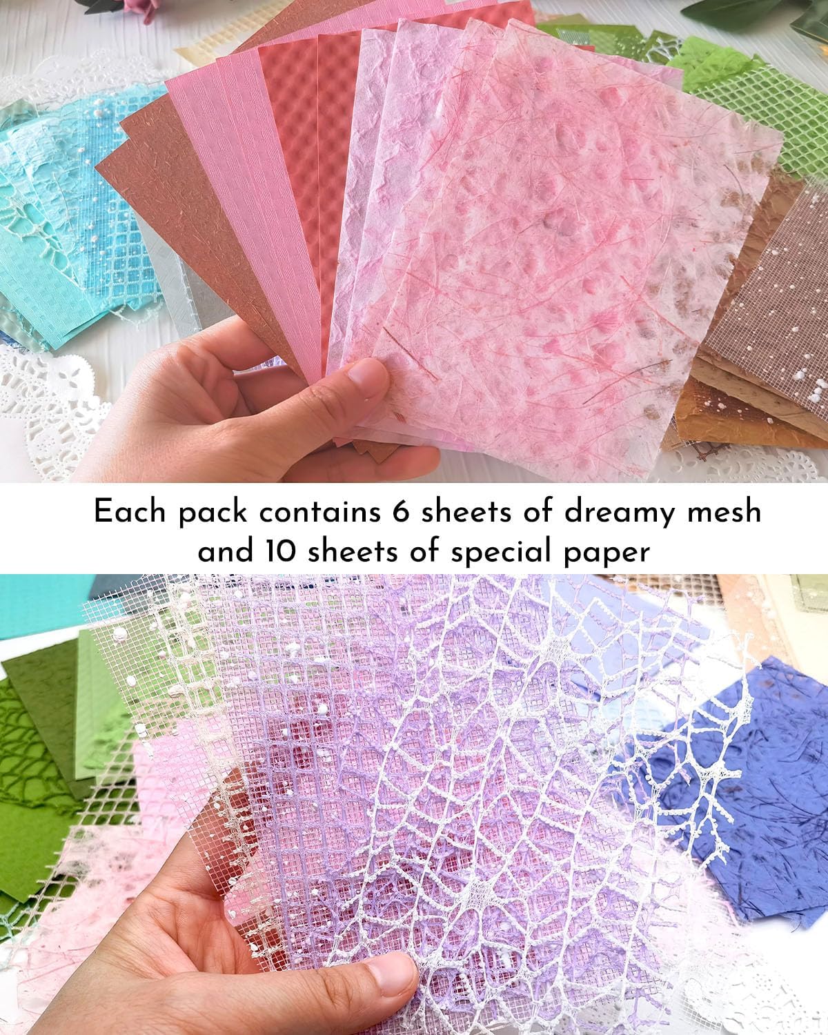 96 Sheets Textured Scrapbook Paper and Mesh Fabric Assorted Set,6 Pack Mixed Special Material Colored Paper for Junk Journal,Collage,Scrapbook,Art Diary,Mixed Media,Card Making,DIY Craft