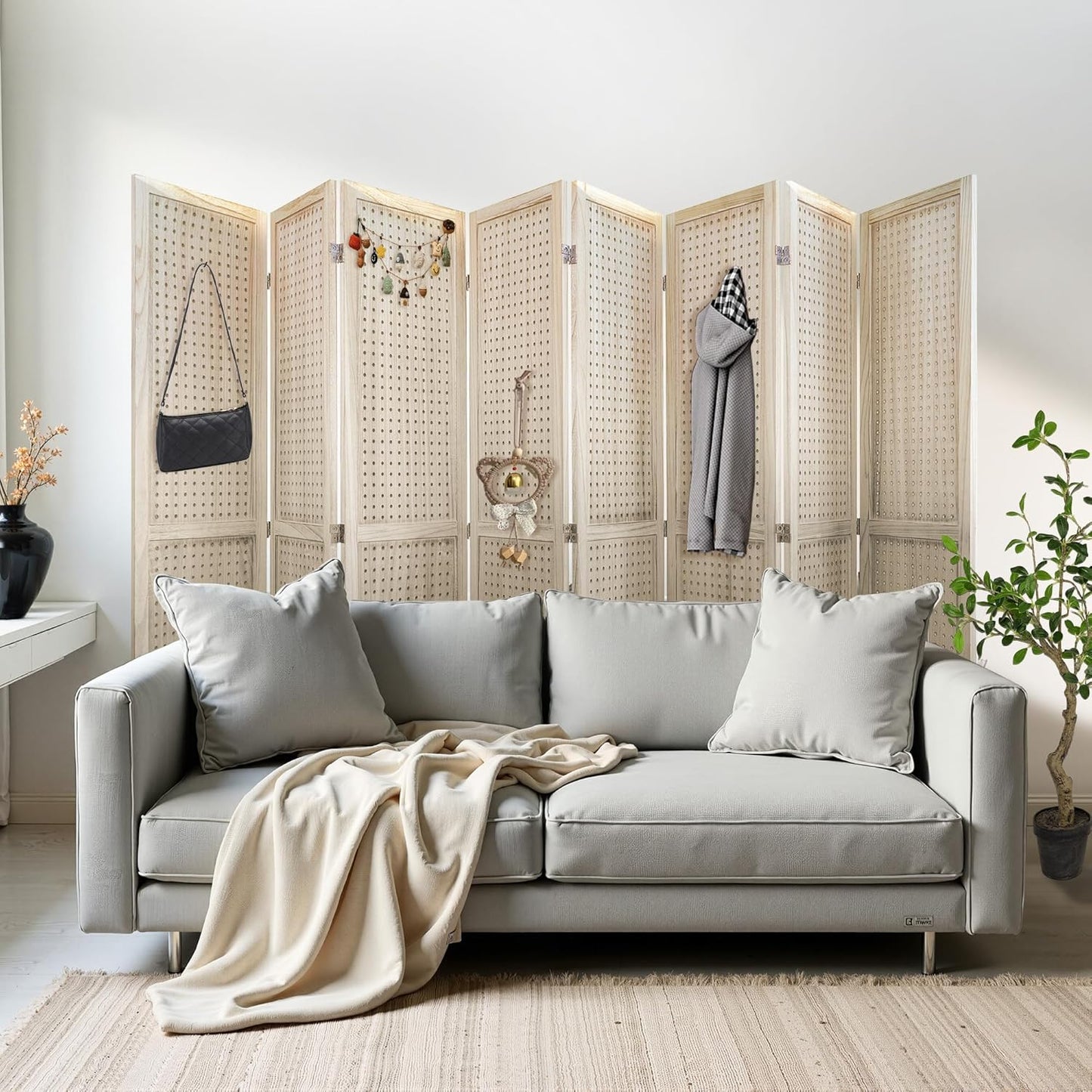 8 Panel Room Divider, 5.6FT Folding Room Divider Screen, Free Assembled Freestanding Partition for Home Office Bedroom, Tan