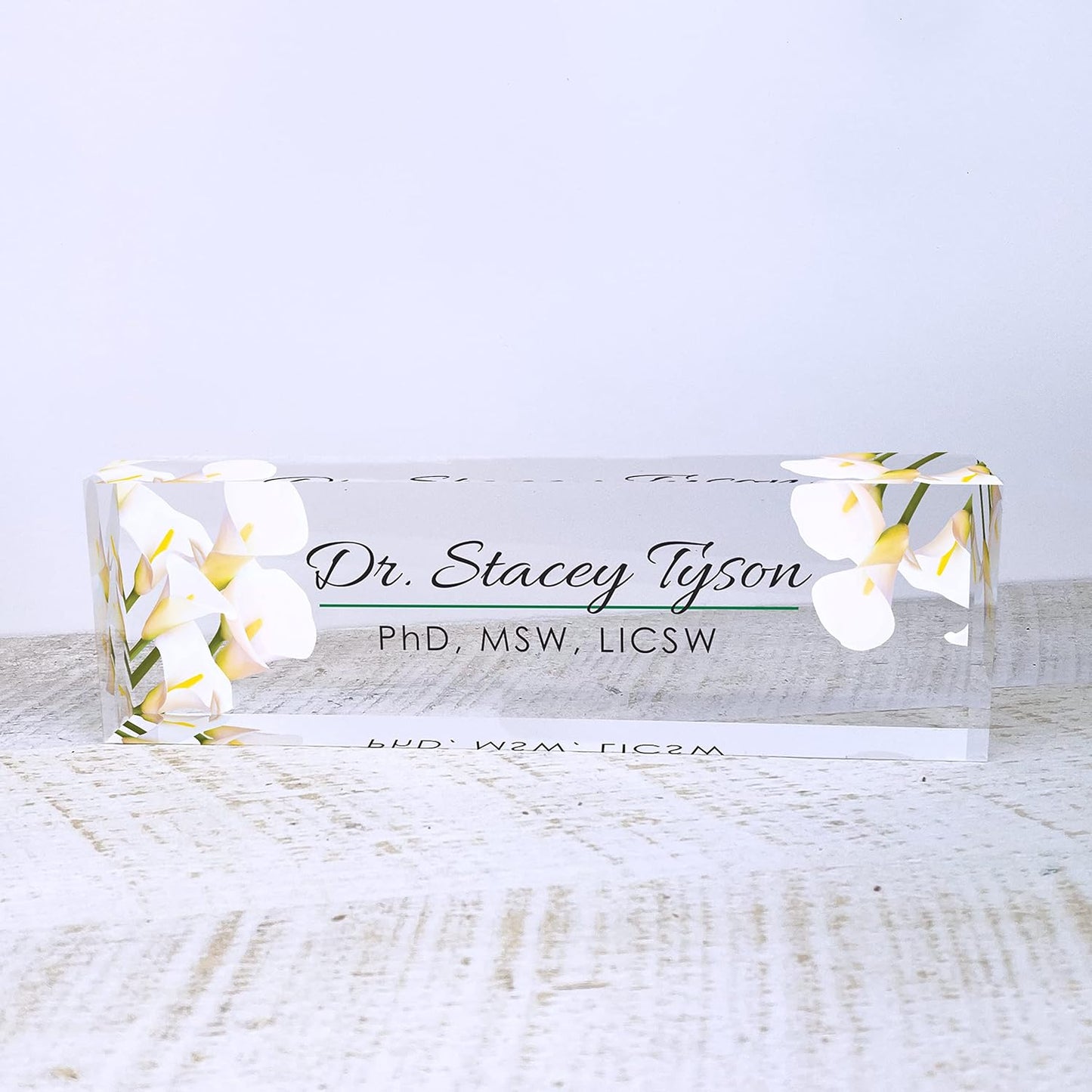 Artblox Office Desk Name Plate Personalized | Custom Name Plates for Desks | Calla Flowers Design On Clear Acrylic Glass | Office Desk Decor - (8" x 2.5")