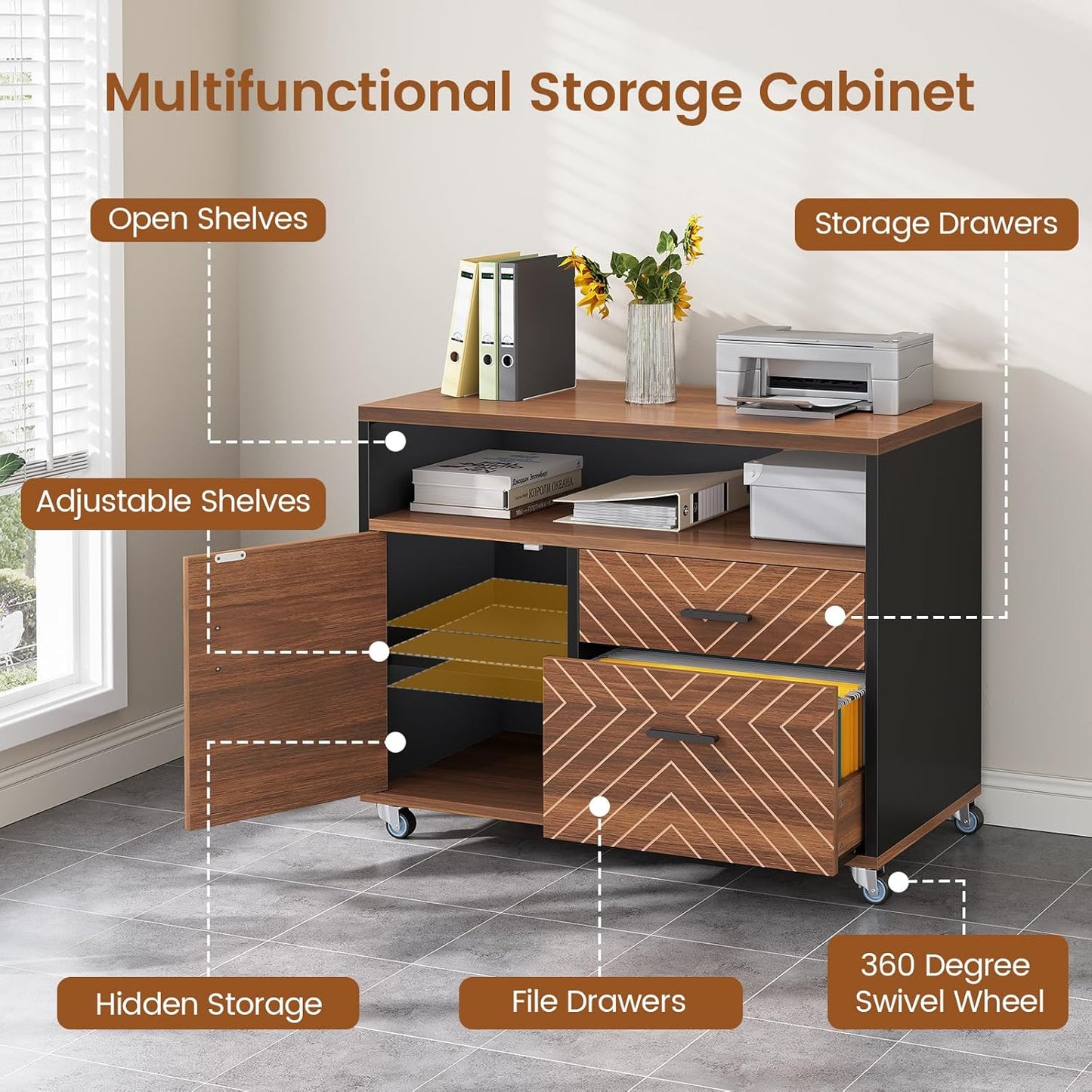 SEDETA 71" Executive Desk with Rolling File Cabinet, Large Office Desk with Drawers, L Shaped Computer Desk with Power Outlets, CPU Stand, Pegboard and Storage Shelves, Brown