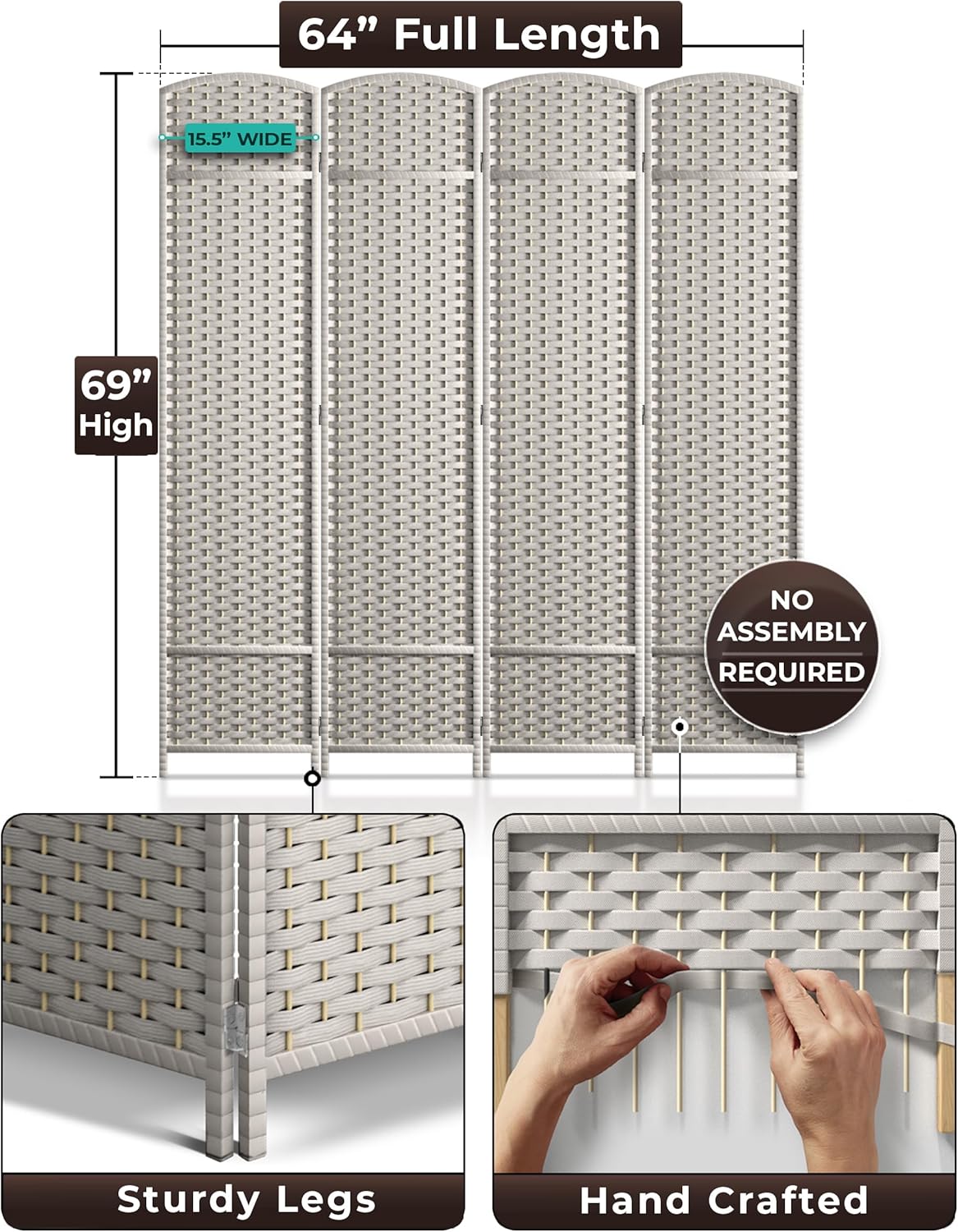 Sorbus 4 Panel Room Divider 6 ft. Tall - Privacy Screen, Extra Wide Double Hinged Panels, Mesh Hand-Woven Design, Partition Room Dividers and Folding Privacy Screens, Wall Divider for Room Separation