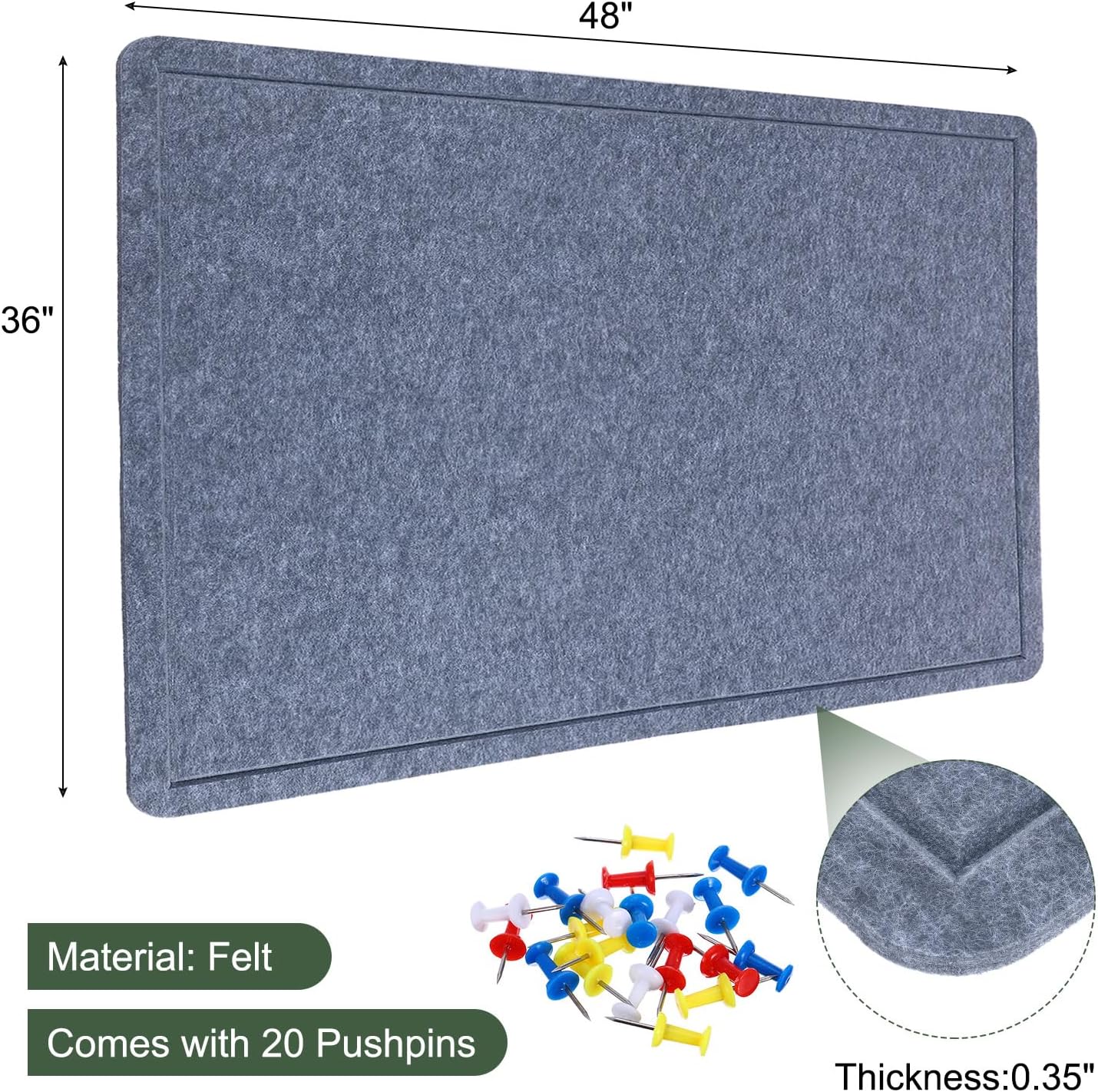 YOKIVE Felt Bulletin Board, 48 x 36 -Inch Foldable Decorative Pin Board Self Adhesive Felt Cork Board with 20 Pushpins, Great for Wall, Photo Display, Paste Note, Schedule(Gray)