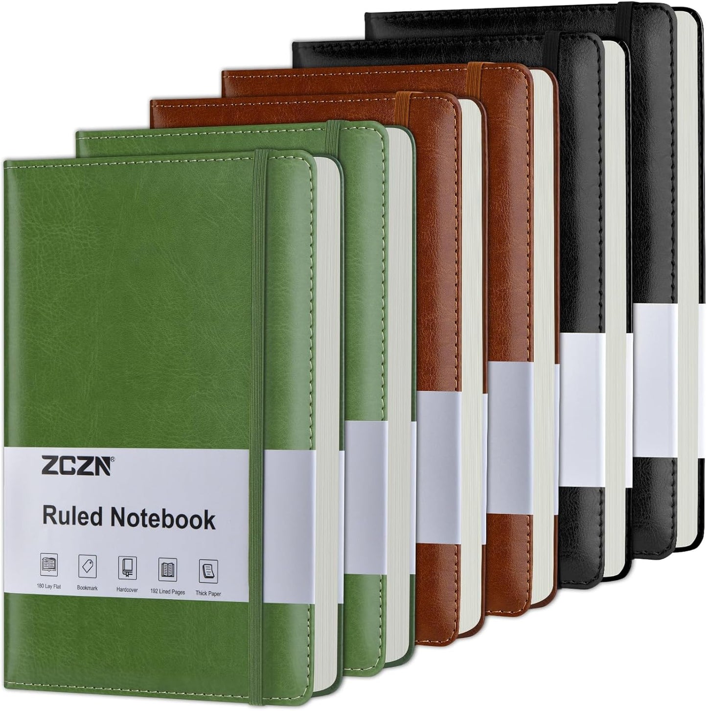 ZCZN 6 Pack Lined Journal Notebooks, 192 Pages A5 Hardcover Leather Journals for Work,Writing,School & Travel, College Ruled Journaling Notebooks for Notes Taking,Diary Journal (Black+Brown+Green)*2