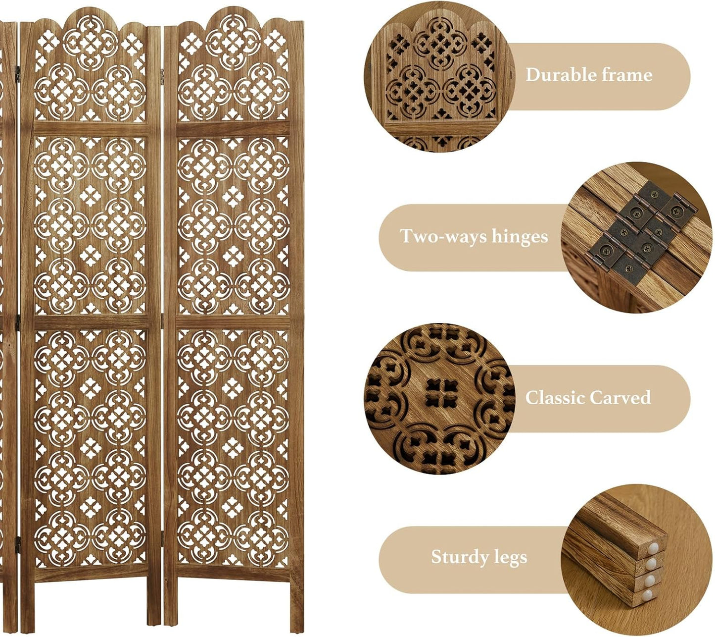 68.9Inch Folding Room Divider, 4 Panels Wood Carved Privacy Screens - Ideal Decorative Partition for Home, Office, Restaurant, Bedroom (Dark Brown)