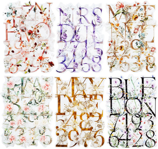 216PCS Floral Alphabet & Number Stickers Set, Waterproof Letter PET Stickers for Scrapbooking, Journaling, DIY Crafts, Card Making