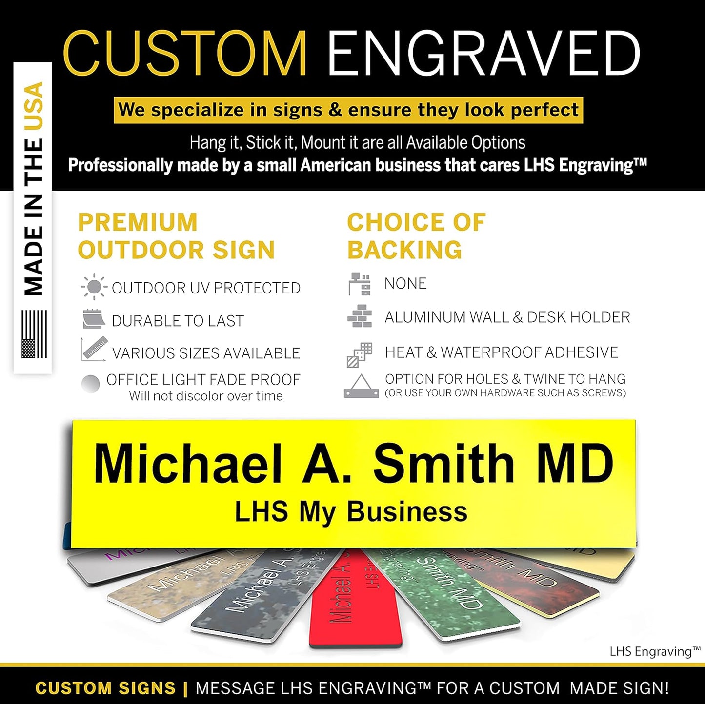 Door Name Plate Personalized for Office Yellow Plastic Name Plate Black Letters - Made in USA 2x10 B4