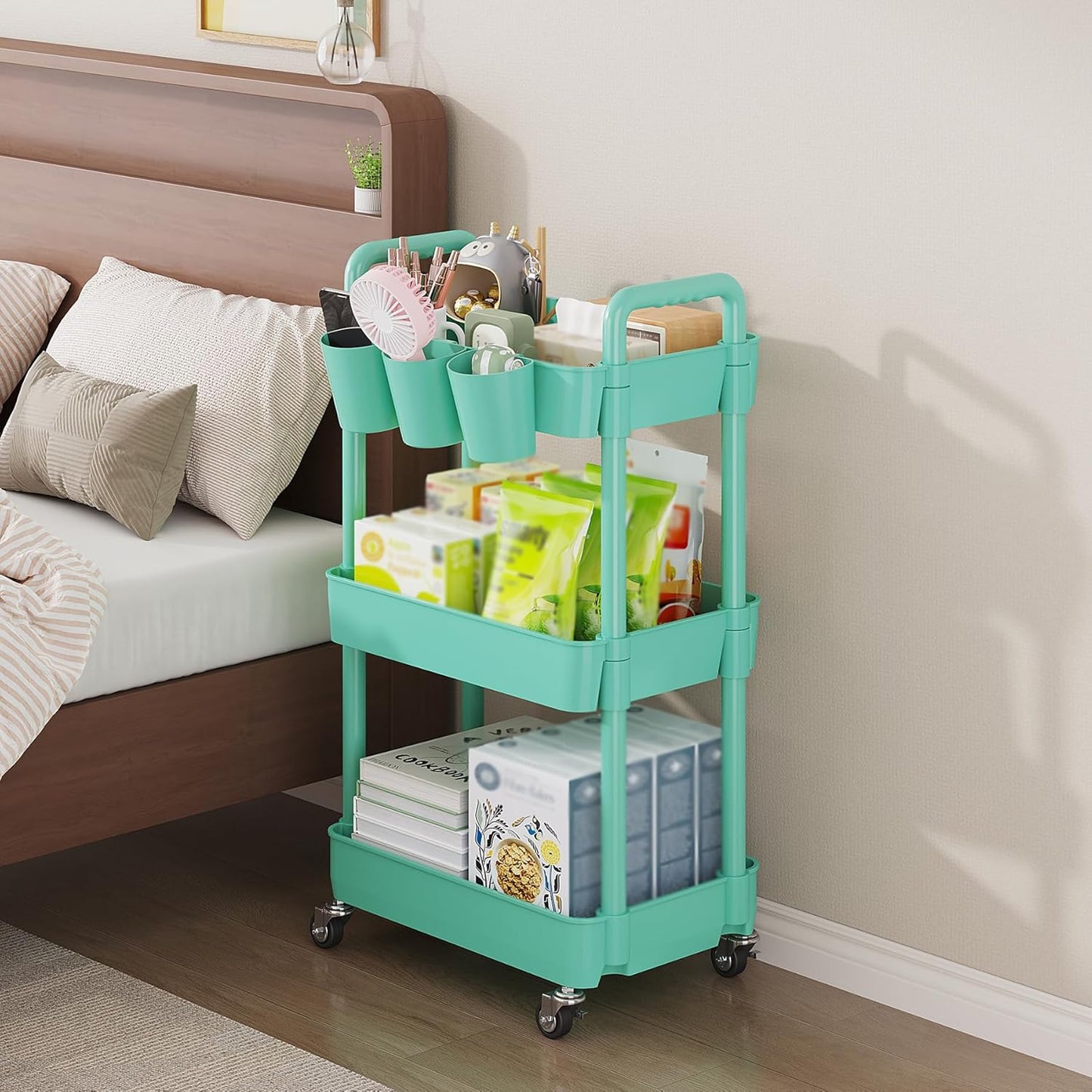 UDEAR 3-Tier Rolling Utility Cart,Multifunctional Storage Shelves with Handle and Lockable Wheels for Room,Office,Kitchen,Bathroom,with 3 Hanging Cups,Green