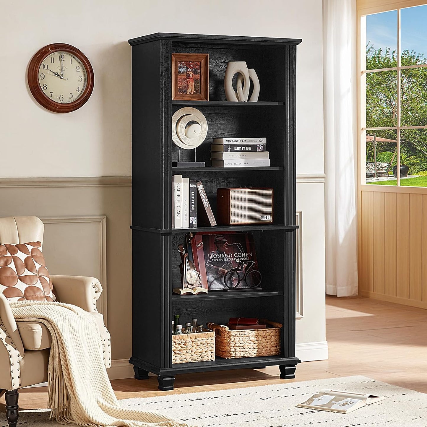 70" Tall Black Bookshelf,5 Tier Wooden Book Shelf with Adjustable Shelves & Wood Legs,Free Standing Farmhouse Bookcase with Open Display Storage,Vintage Bookshelves for Living Room,Office