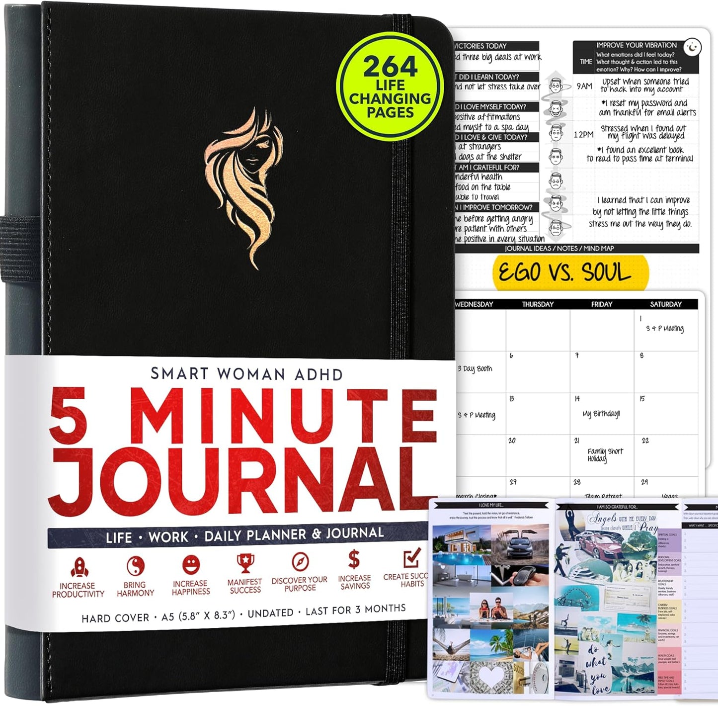 ADHD Planner for Adults - 5 Minute Gratitude & Manifestation Journal | 90-Day Undated Daily Planner for Positivity, Affirmations & Self Care | Guided Mindfulness, Reflection | Vision Board + Stickers