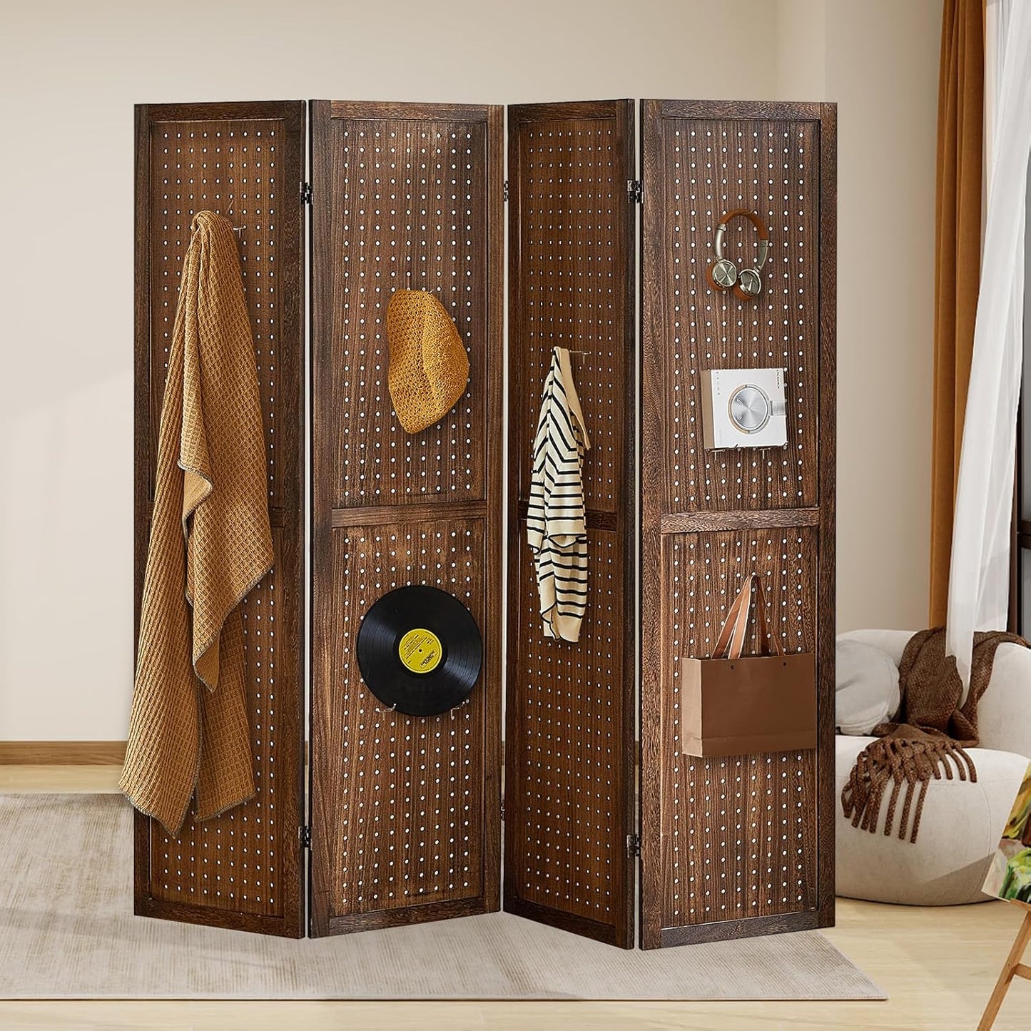 4 Panel Pegboard Display with 16 Hooks, Wooden Room Divider Wall and Folding Privacy Screens, Privacy Dividers for Rooms, Pegboard Room Divider, Jewelry Store, Bedroom, Balcony, Dark Brown