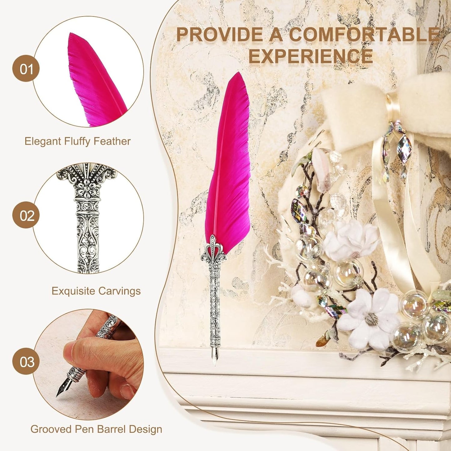 PATIKIL 26.5cm/10.4" Calligraphy Feather Quill Pen, Vintage Feather Dip Pen with 5 Replacement Nibs for Calligraphy Writing Wedding Office Gifts, Rose Red