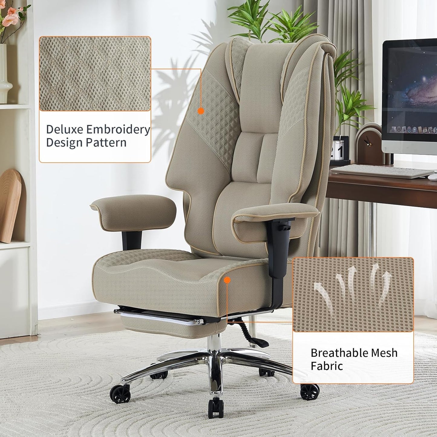 Big and Tall Office Chair 400lbs Wide Seat, Leather High Back Executive Office Chair with Foot Rest, Ergonomic Chairs Lumbar Support for Lower Back Pain Relief (Mesh Dark Beige)