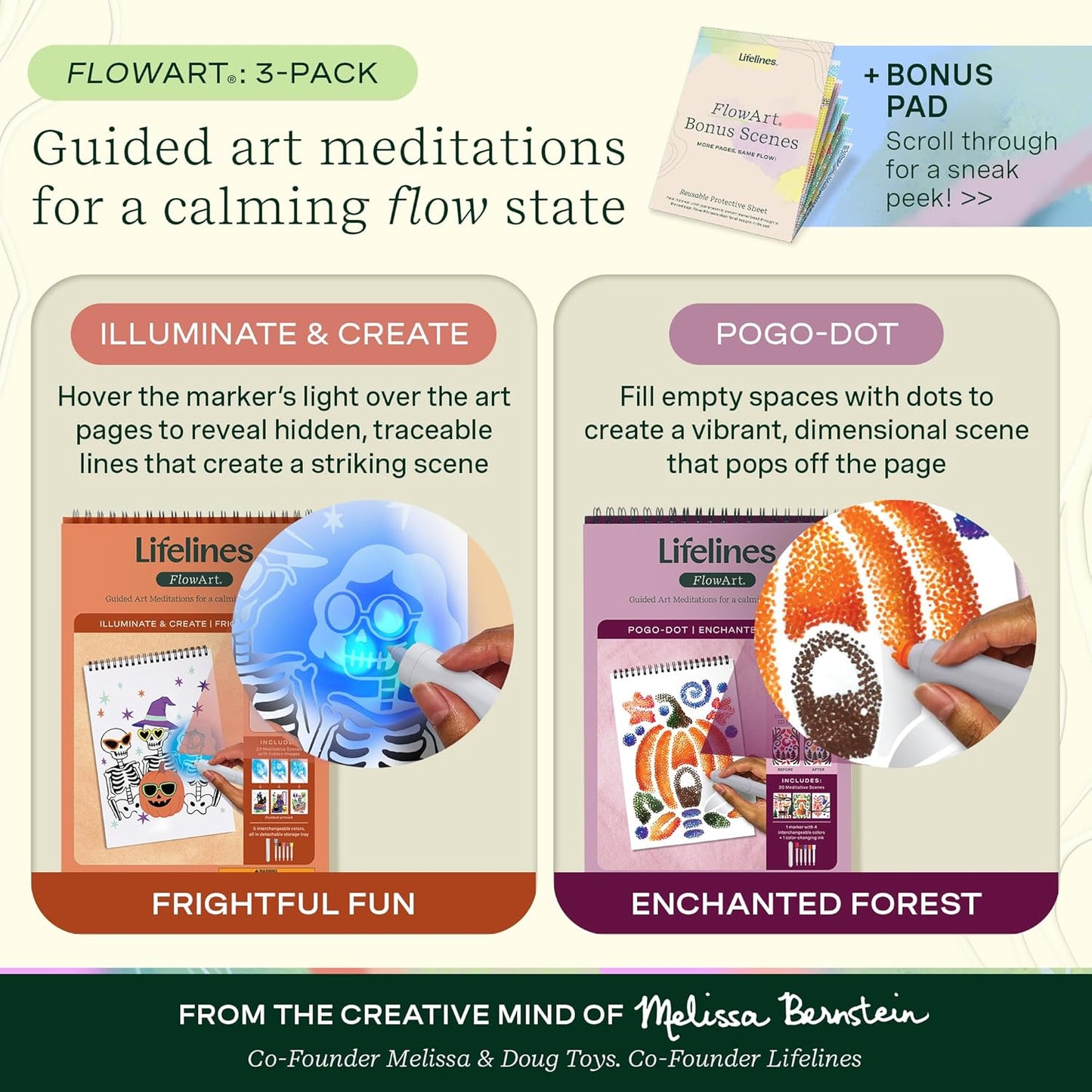 Lifelines FlowArt Activity Pad, 2-Pack Fall Set + Bonus Pad - Guided Art Meditations with Markers - Illuminate & Create and Pogo-Dot - Coloring Books for Teens, Adults & Seniors