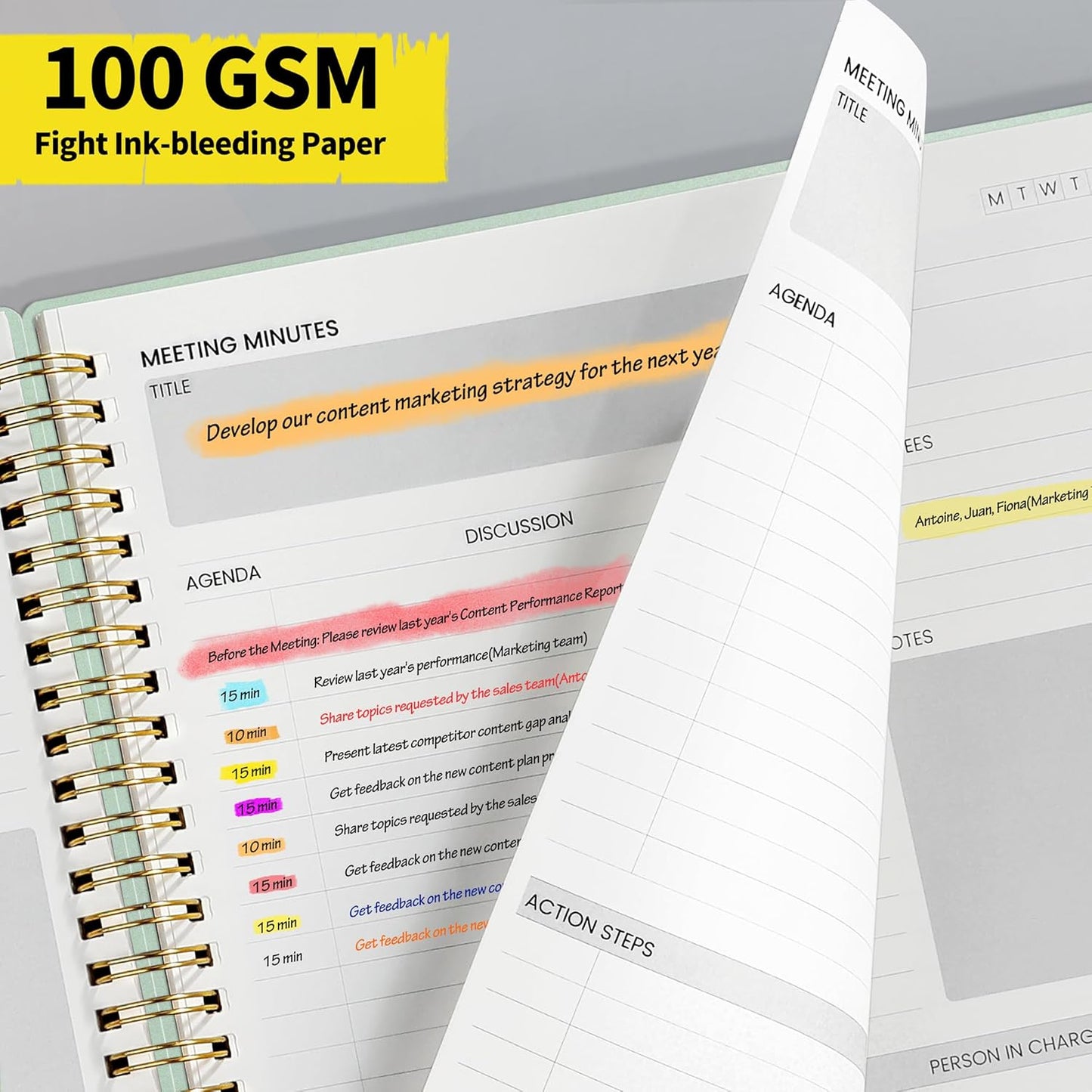 SUNEE Meeting Notebook for Work with Sticky Tabs - 160 Pages, B5 Size Project Planner, Spiral Meeting Agenda/Minutes Notebook Organizer for Women Men, Note Taking, Office & Business,7"x10", Sage Green