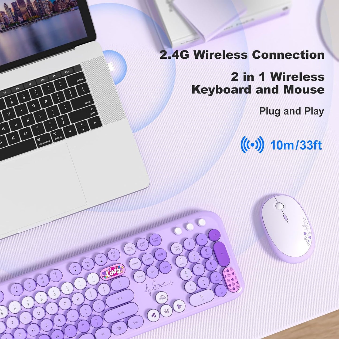 MOFII Wireless Keyboard and Mouse Combo, Cute Retro Typewriter Keyboard and Silent Mouse, 2.4GHz Full Size Computer Keyboard Wireless Mouse Set for PC, Laptop, Desktop, Windows (Purple Colorful)