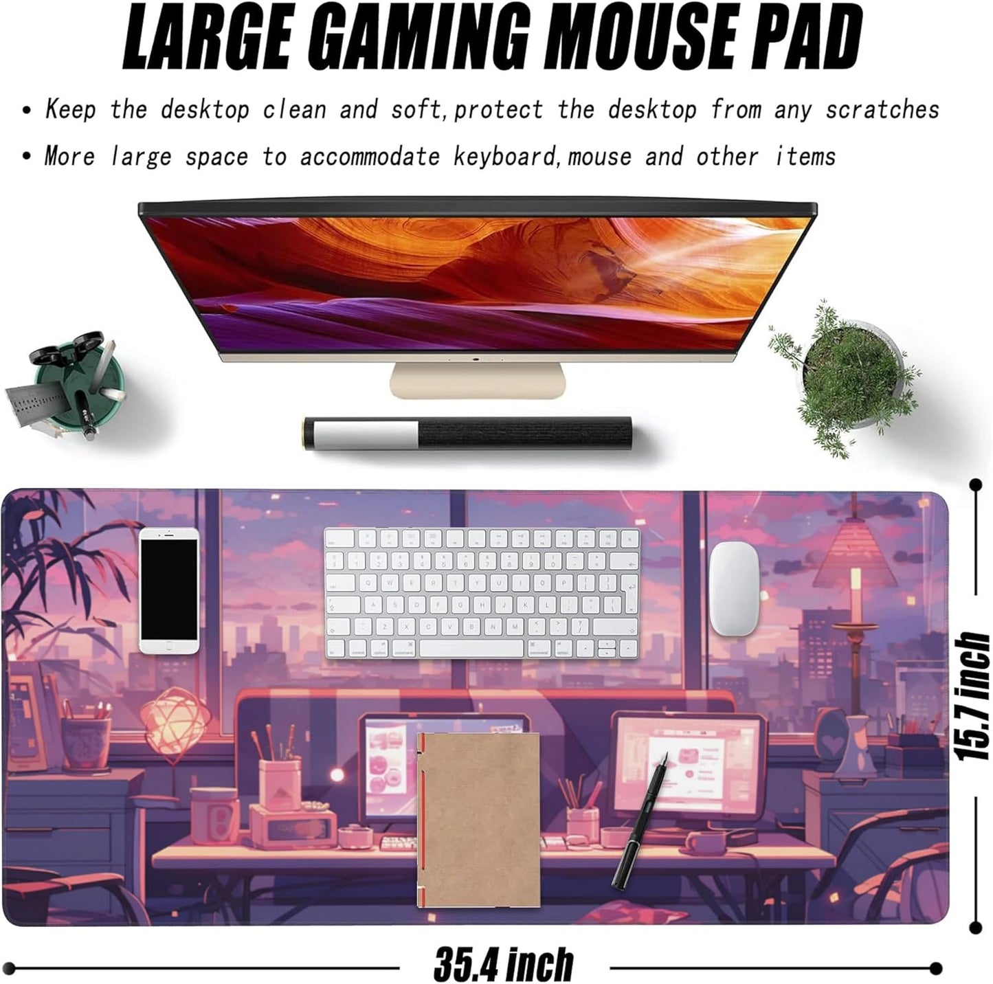 Extended Large Gaming Mouse Pad, Cute Pink Cyberpunk Lofi Large Desk Mat for Desktop, Non-Slip Rubber Base Stitched Edges Long Computer Keyboard Desk Pad Mouse Mat for Gaming Home Office 35.4"X15.7"