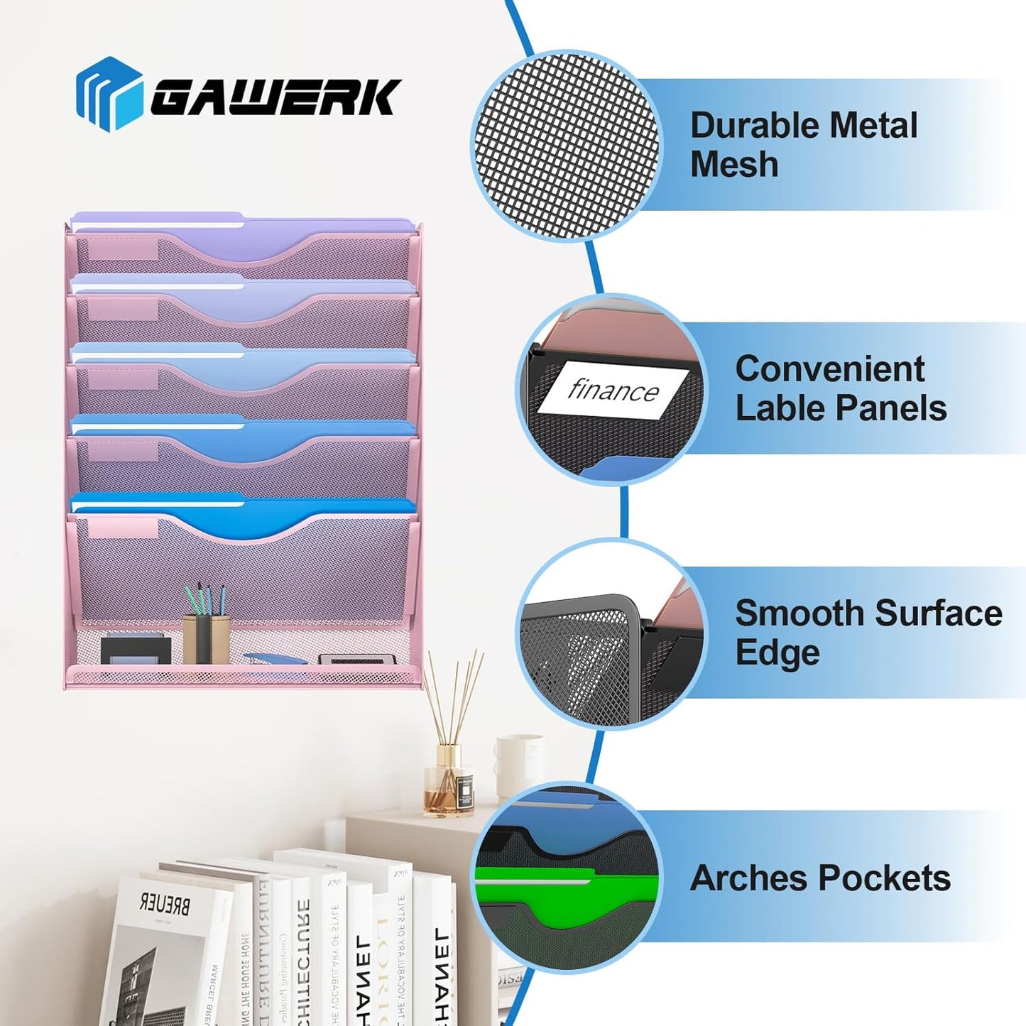 6 Tier Hanging File Organizer, Mesh Wall File Holder Paper Folder Rack with Bottom Flat Tray for Office Home, Pink