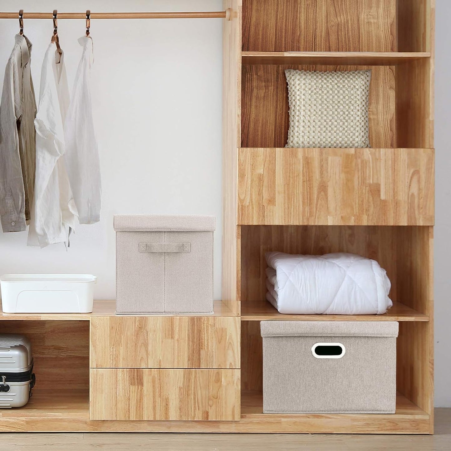 TYEERS Large Storage Bins with Lids, Collapsible, Washable, Fabric Storage Boxes for Organizing, 17.3x11.8x11.4 inches, 5 Pack, Beige