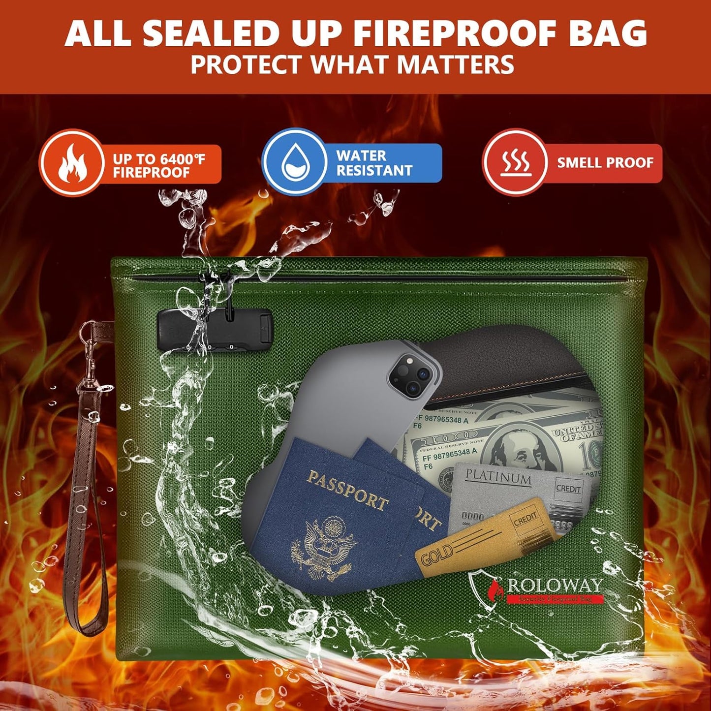 ROLOWAY Fireproof Document Bag (14.5 x 11.5 inch), 6400℉ Fireproof Money Bag with Zipper for Cash, Fire Safe Money Pouch with Lock (Green)