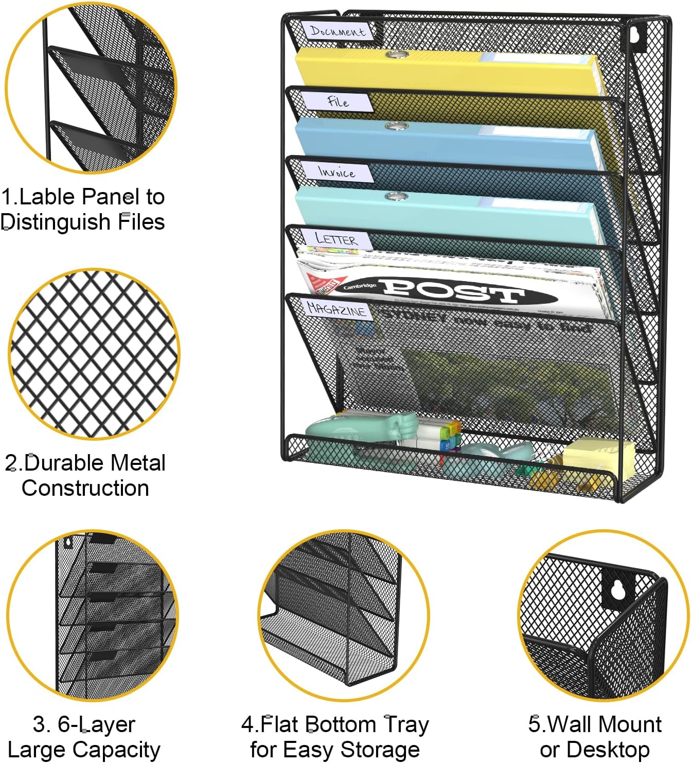 Hanging Folder Organizer Mesh 6 Tier, Wall File Organizer Hanging Paper Organizer, Wall Mount Mail Storage, Office Organization and Storage Rack for Home Office, Black