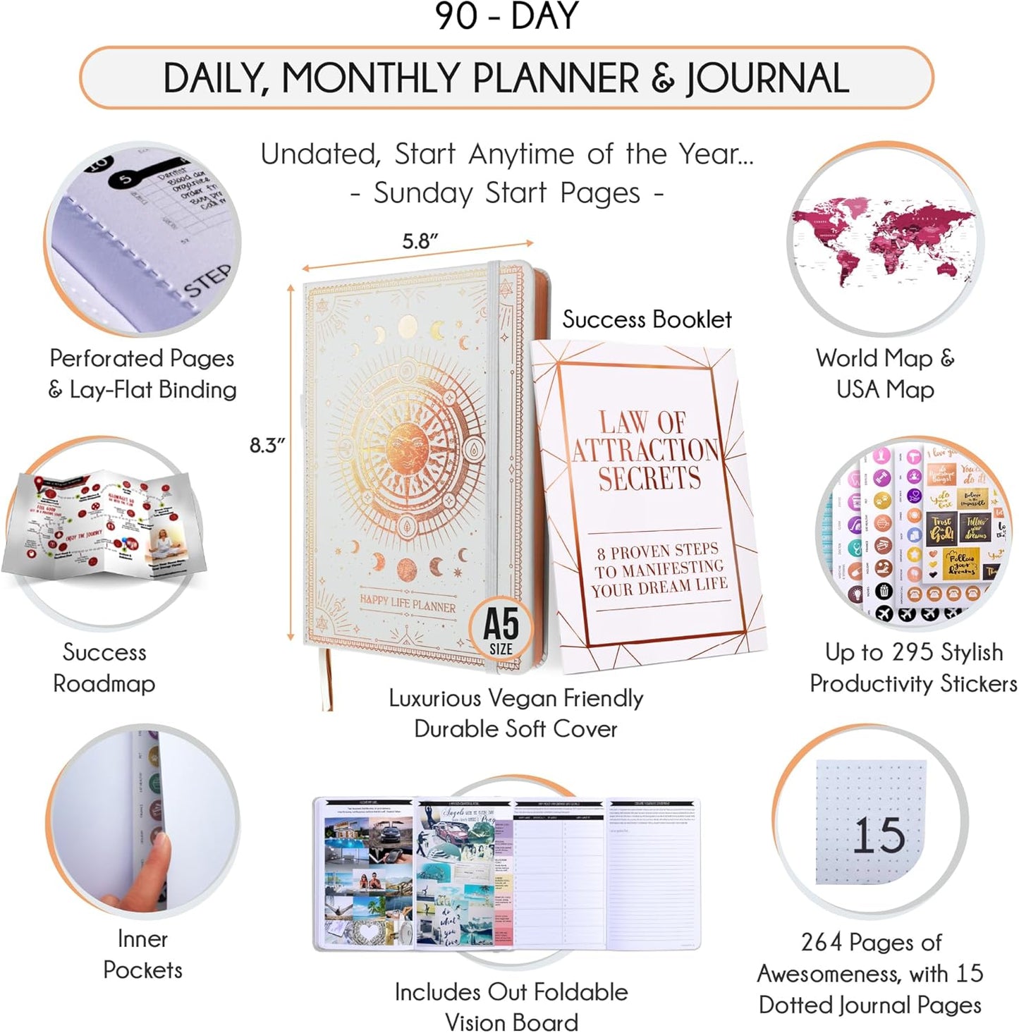Adhd Daily Planner - A Self Care Personal Gratitude Journal to Increase Productivity and Success in Life & Work, Weekly & Monthly Undated Planner for Women and Men, Vision Board & Organizer + Stickers