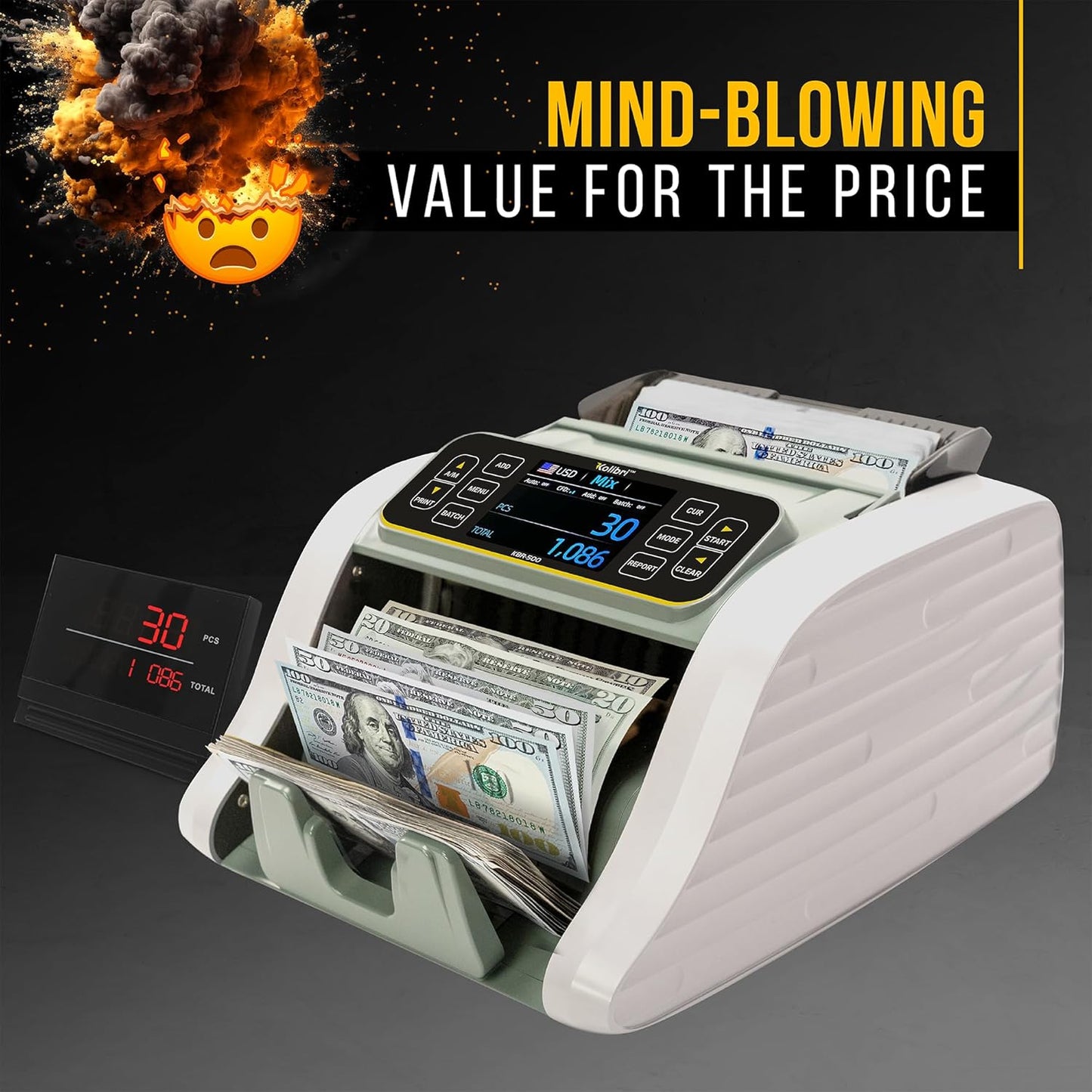 KOLIBRI Money Counter Machine, KBR-500 Mixed Denomination | Business Grade w/Advanced IR/UV/MG/MT/Counterfeit Detection, Multi-Currency (USD CAD MXN GBP EUR)