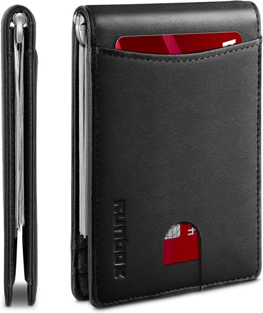 Slim Wallet for Men Genuine Leather RFID Blocking Bifold Minimalist Front Pocket Mens Wallet with Money Clip Thin Gift Box