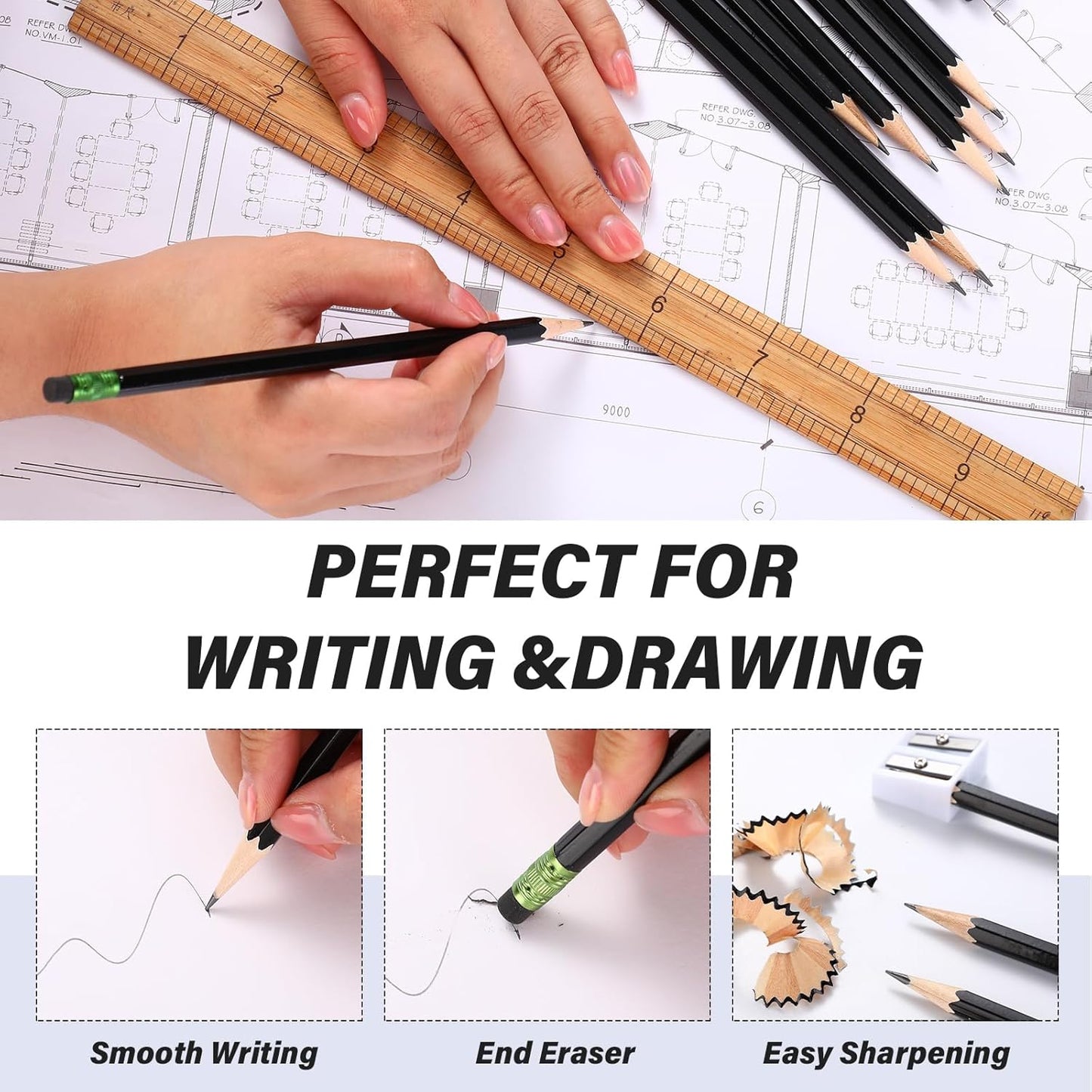 TecUnite 60 Pcs HB Pencils #2 Unsharpened Wood Cased Pencils with Eraser Hexagonal Pencil Cute Graphite No 2 Pen for Adults Gifts Exam School Office Sketching Learning(Black, Green)