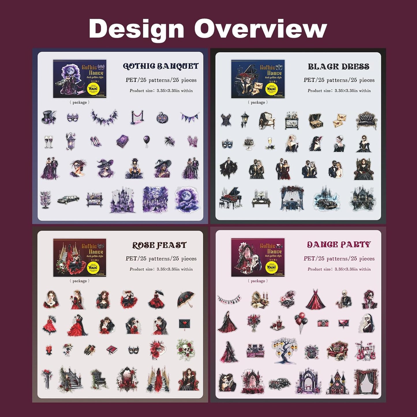 Dark Gothic Ballroom PET Sticker Set, 100PCS Vintage Dance Ephemera for Scrapbooking, Journaling, DIY Crafts, and Planner Supplies