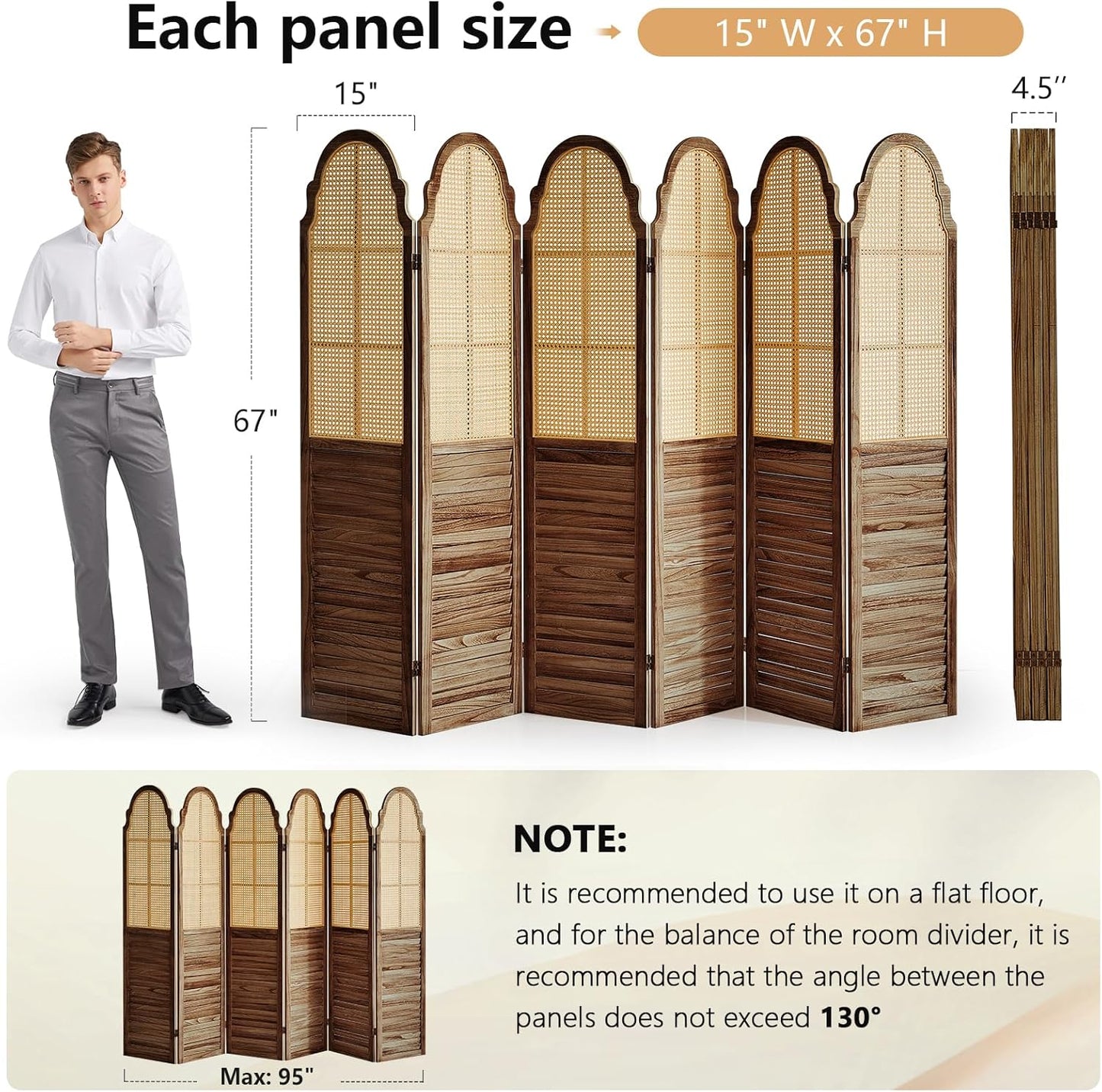6 Panel Rattan Room Divider Panel, 5.6Ft Partitions and Dividers, Louvered Partition Divider, Room Dividers Screen, Solid Wood Frame, Folding Screen, Bedroom, Family Room, Dark Brown