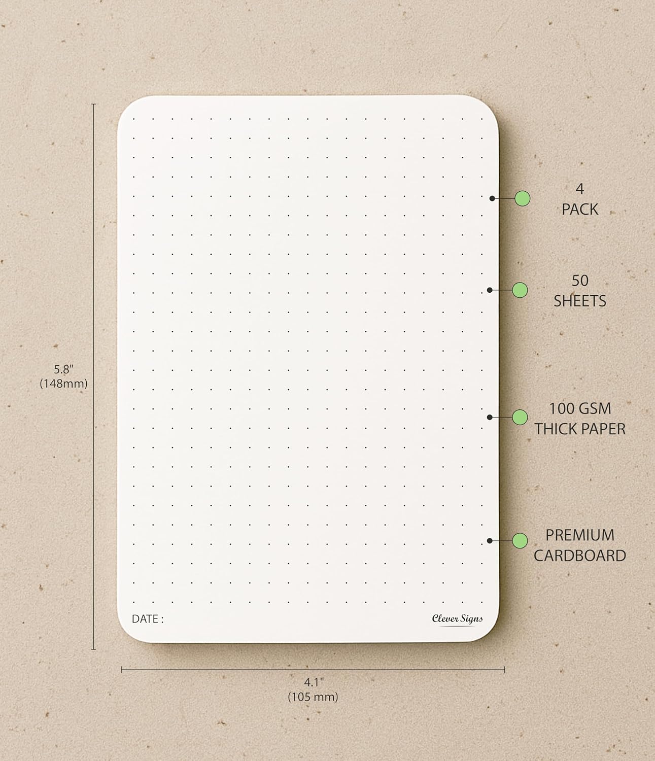 CLEVER SIGNS A6 Dot Grid Notepad - 4 Pack (4,1" x 5,8") Small Dotted Memo Desk Pads-Premium Paper with Cardboard Back Support - Ideal for Note-taking, Planning, Sketching, and Journaling