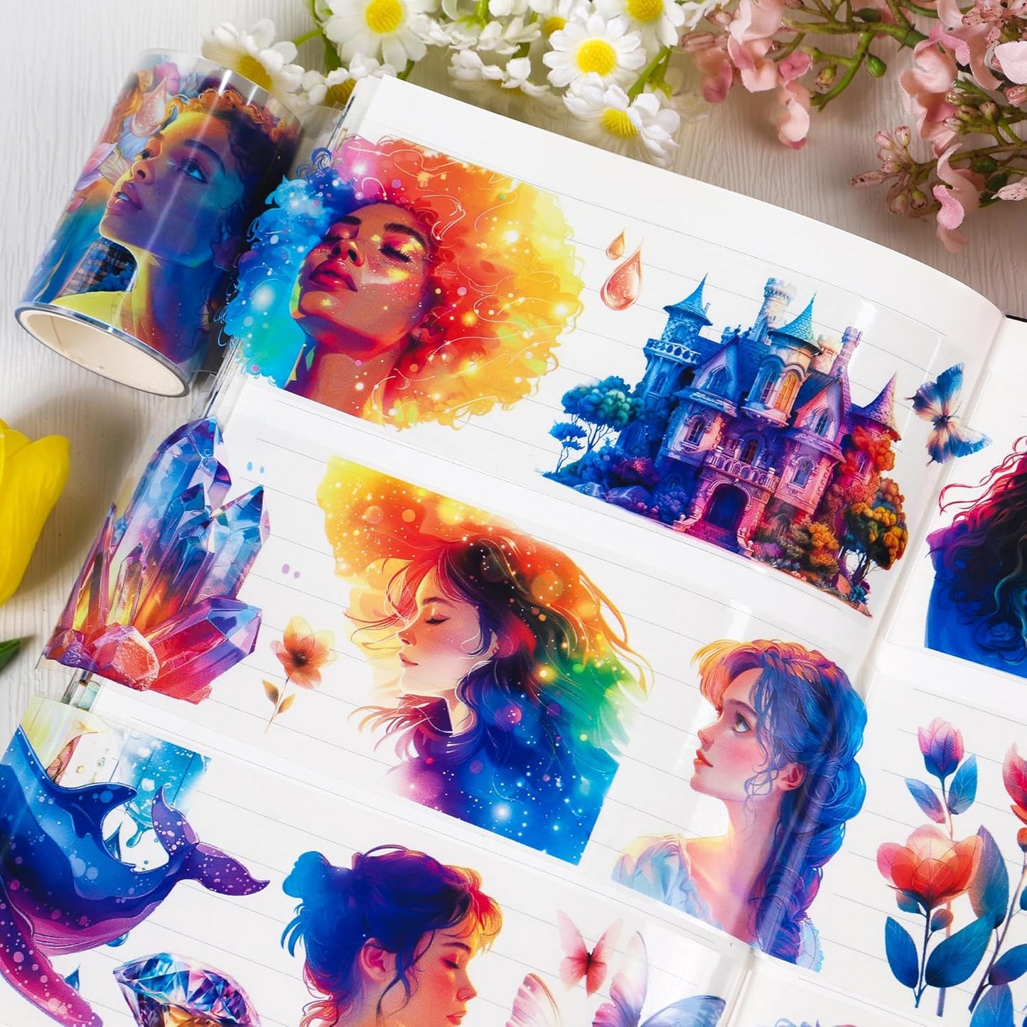 PET Tape for Journal Scrapbooking - Coloful Characters Flower Journal PET Tape Scrapbook Supplies, Scrapbook Notebook Bottle Crafts Décor