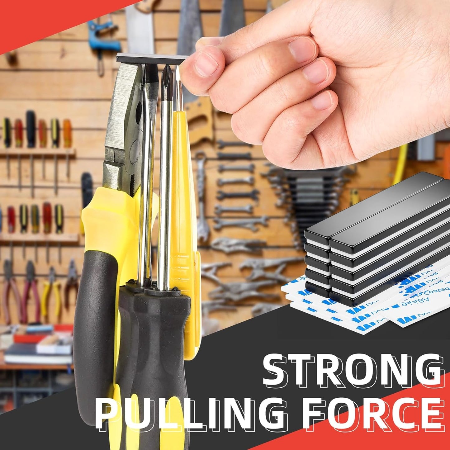 Grtard 20 Pack Bar Magnets, 60x10x3mm Permanent Rare Earth Magnets Bar, Powerful Magnets Heavy Duty Magnet Strips with Double-Sided Adhesive for Garage, Kitchen, Science, Whiteboard