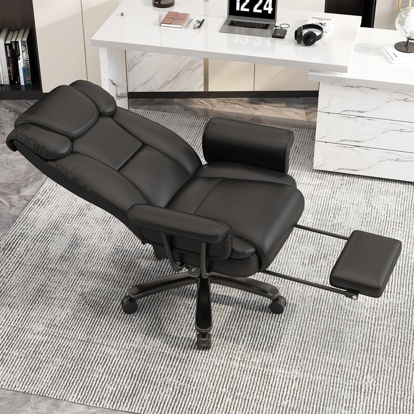 GYI Criss Cross Chair with Wheels, 160° Big and Tall Reclining Office Desk Chair with High Back, Wide Seat, Arms, Footrest, Black