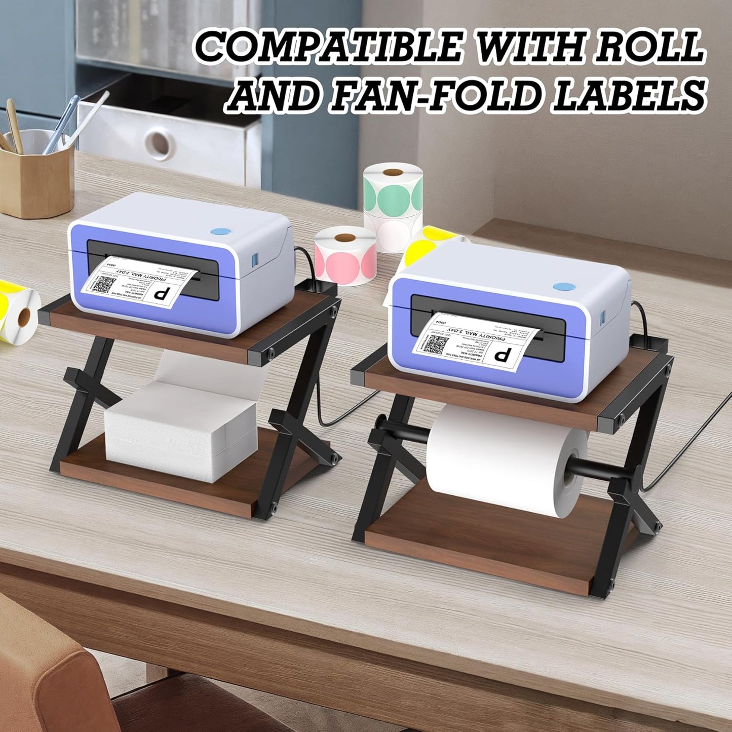 Alyoen Label Holder for Rolls and Fan-Fold Labels, Thermal Shipping Label Holder for Thermal Printer, Desktop Label Printer Accessory Supplies for Home, Office, Small Business (Black + Gray)