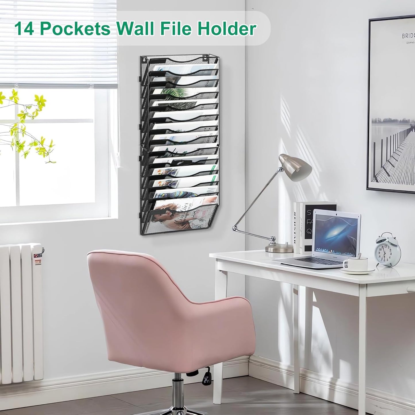 14-Pocket Wall File Organizer, Hanging Mail Organizer Wall Mounted Paper Document Holder, Metal Clipboard Storage Basket for Office Home School Organization, Black