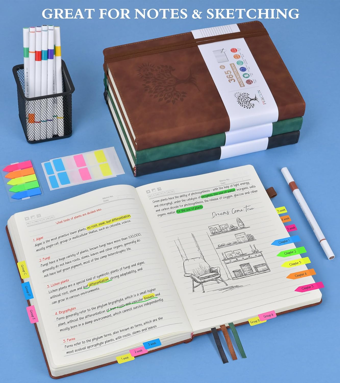 A4 Lined Journal Notebook，365 Page Large Leather Journals for Writing Women Men，Hardcover Notebook with 100Gsm Thick Pages for Travel，Work，School，College Ruled, Daily Diary (8.5" x 11.4")