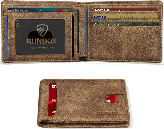 RUNBOX Novelty Wallet for Men Slim 11 Credit Card Holder Slots Leather RFID Blocking Small Thin Men's Wallet Bifold Minimalist Front Pocket Large Capacity Gift Box