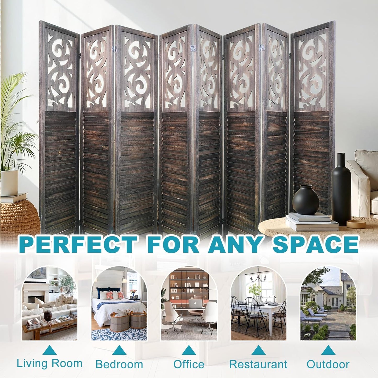 8 Panel Room Divider, 5.6FT Folding Carved Room Divider Screen, Free Assembled Freestanding Partition for Home Office Bedroom, Brown